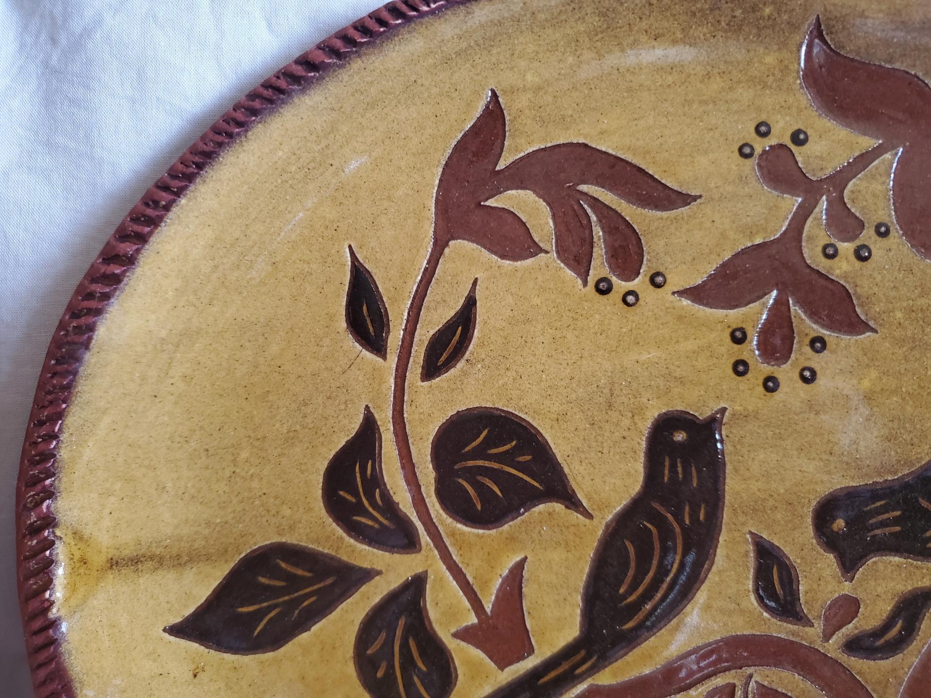 Redware Oval Platter, Birds Eating Berries Motif, Kulina Folk Art