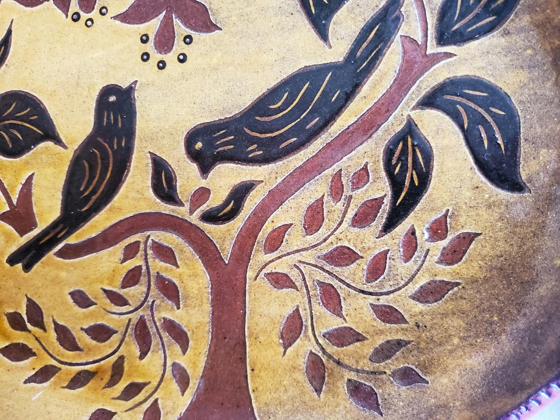 Redware Oval Platter, Birds Eating Berries Motif, Kulina Folk Art