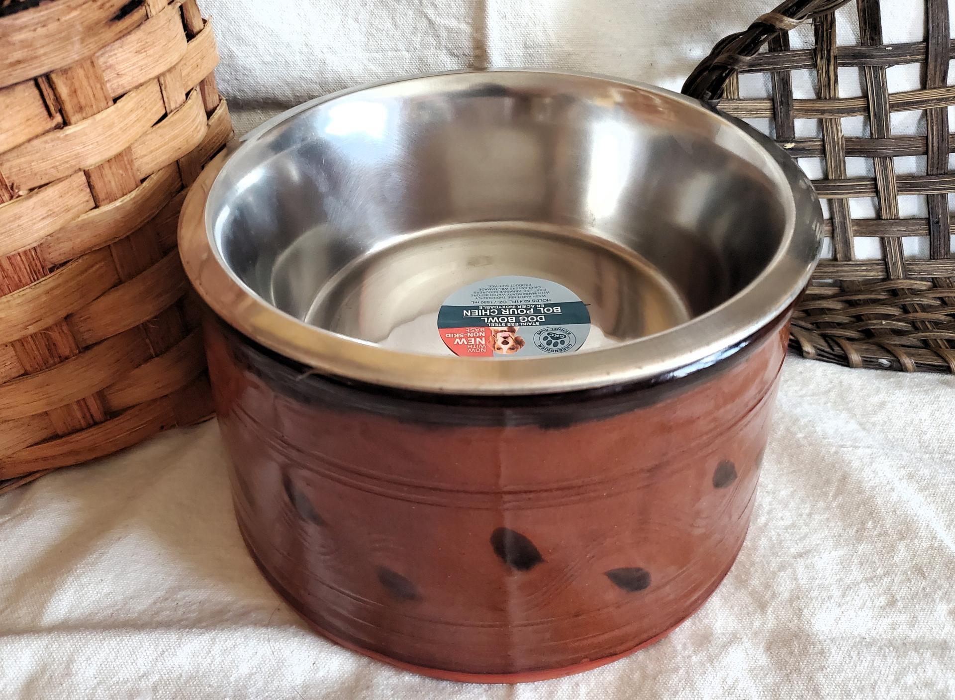 Large Redware Pet Food Bowl with Stainless Steel Insert, Black Splotches
