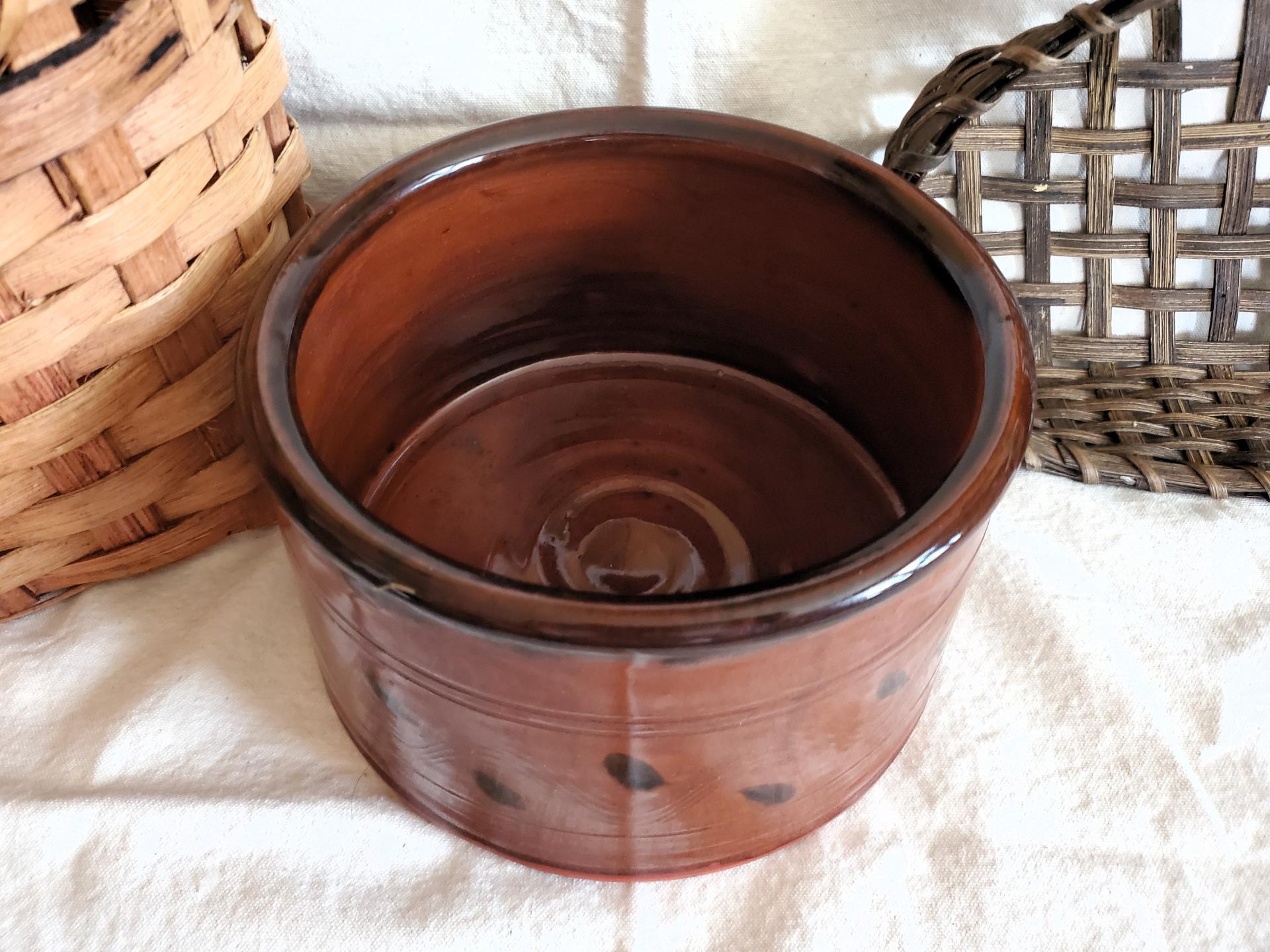 Large Redware Pet Food Bowl with Stainless Steel Insert, Black Splotches