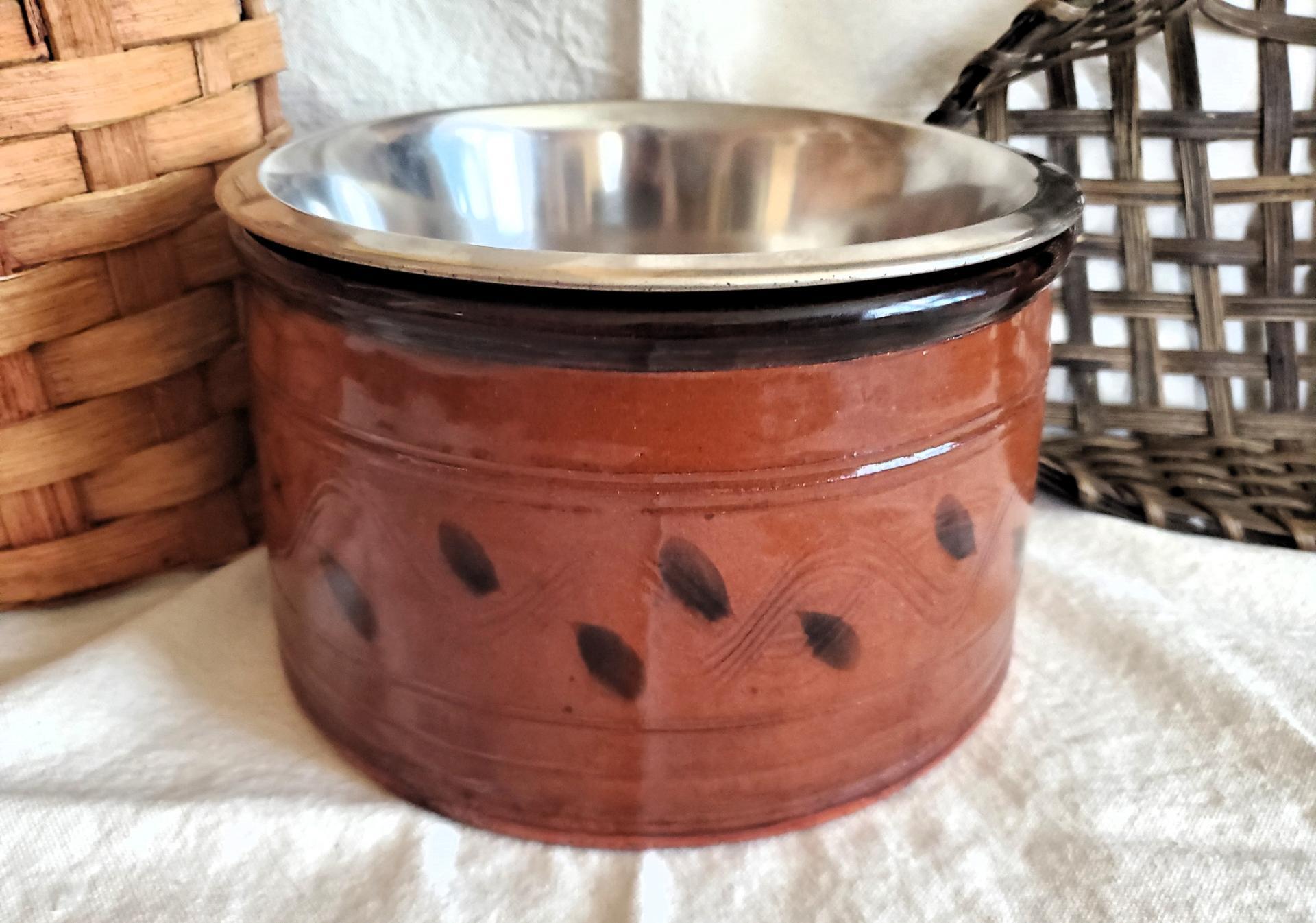 Large Redware Pet Food Bowl with Stainless Steel Insert, Black Splotches