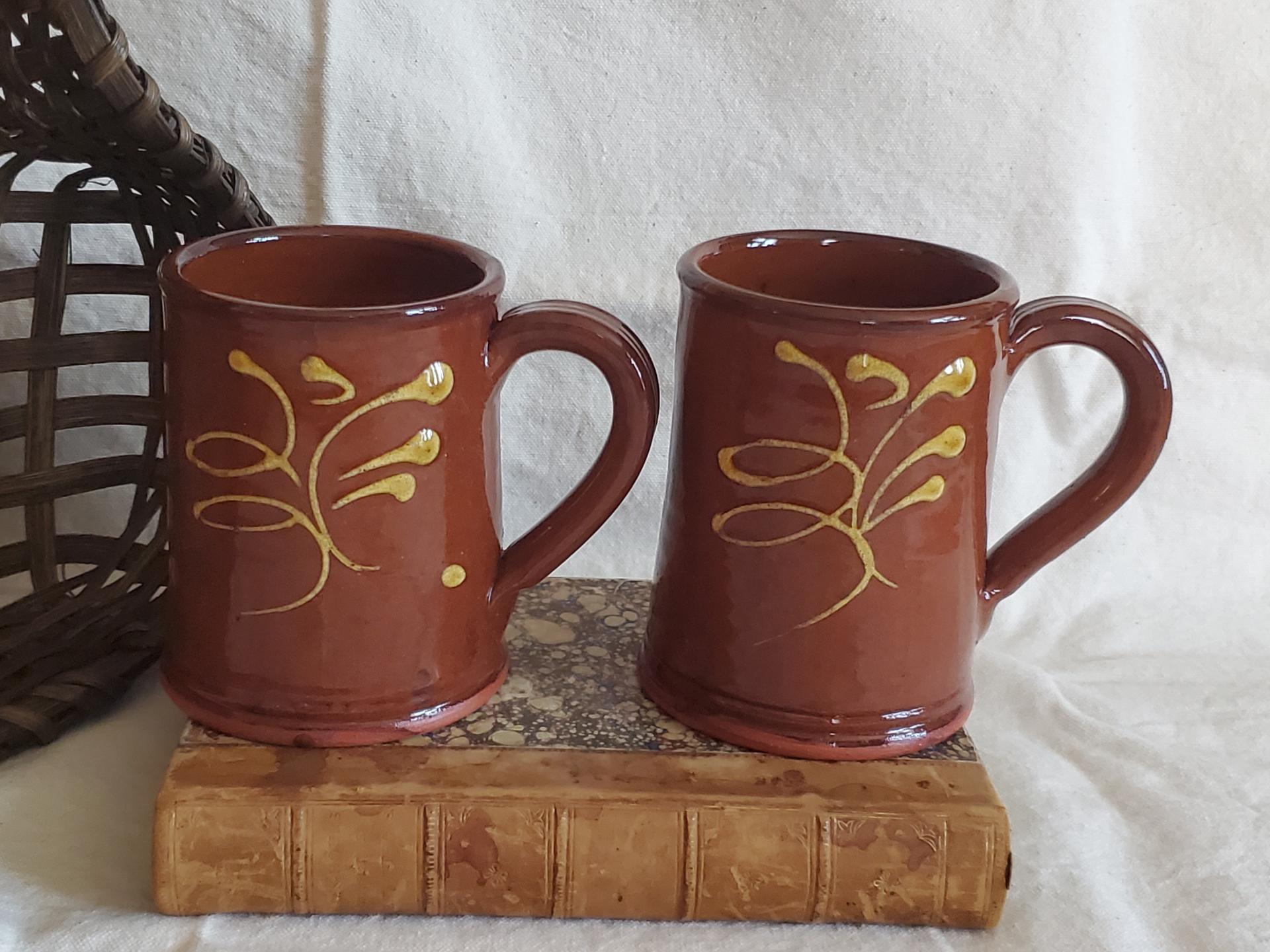 Set of Redware Mugs (2) with Feather Pattern, Hand-Made