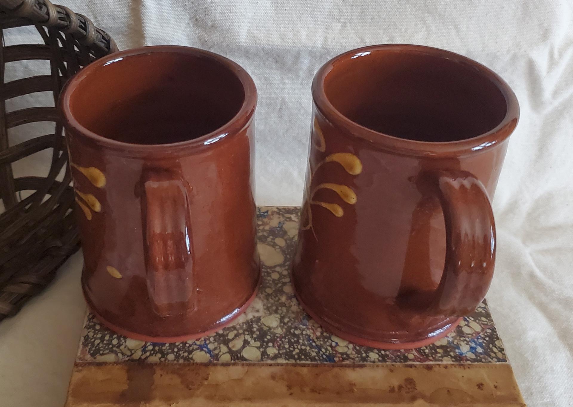 Set of Redware Mugs (2) with Feather Pattern, Hand-Made