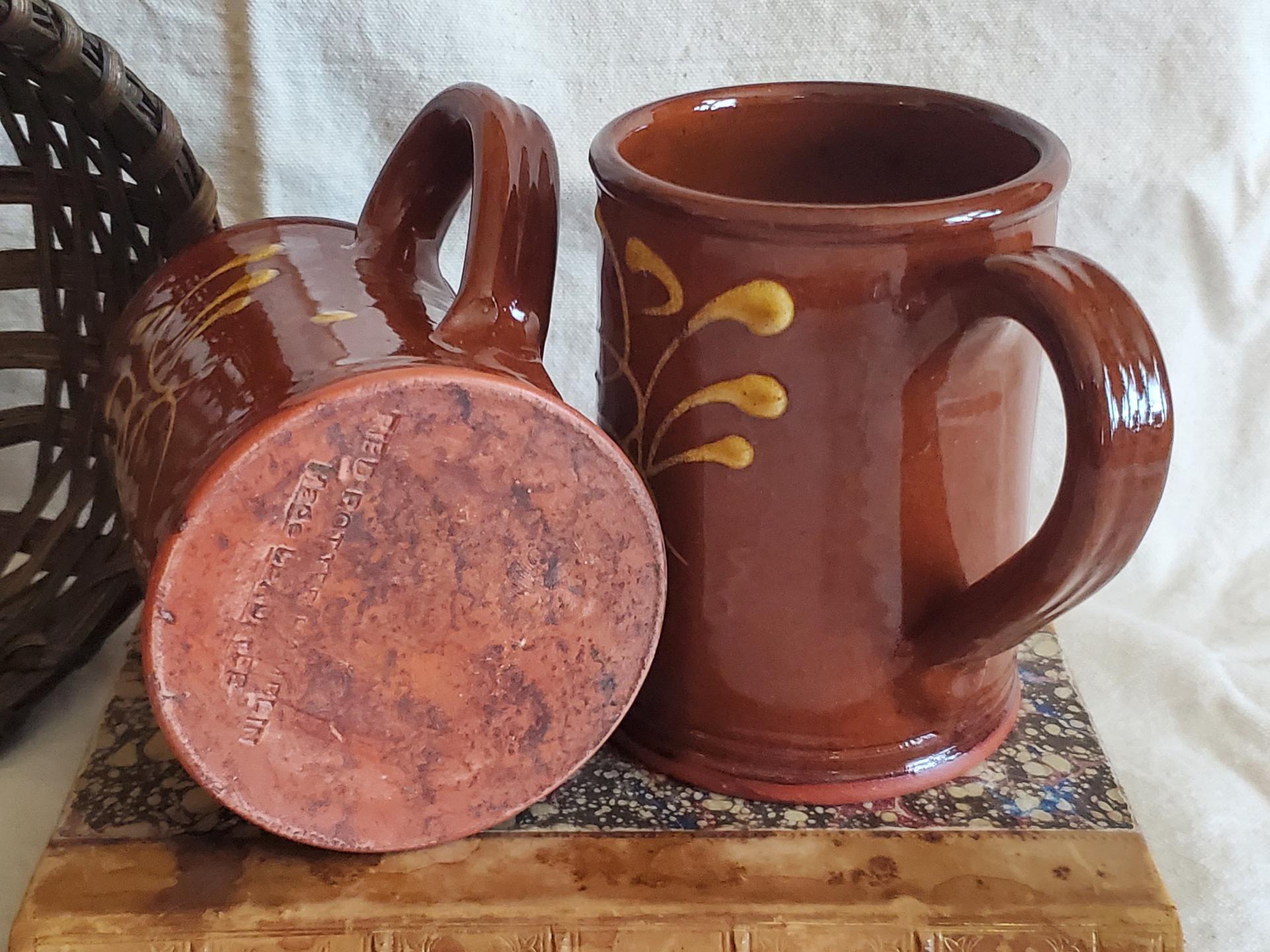 Set of Redware Mugs (2) with Feather Pattern, Hand-Made