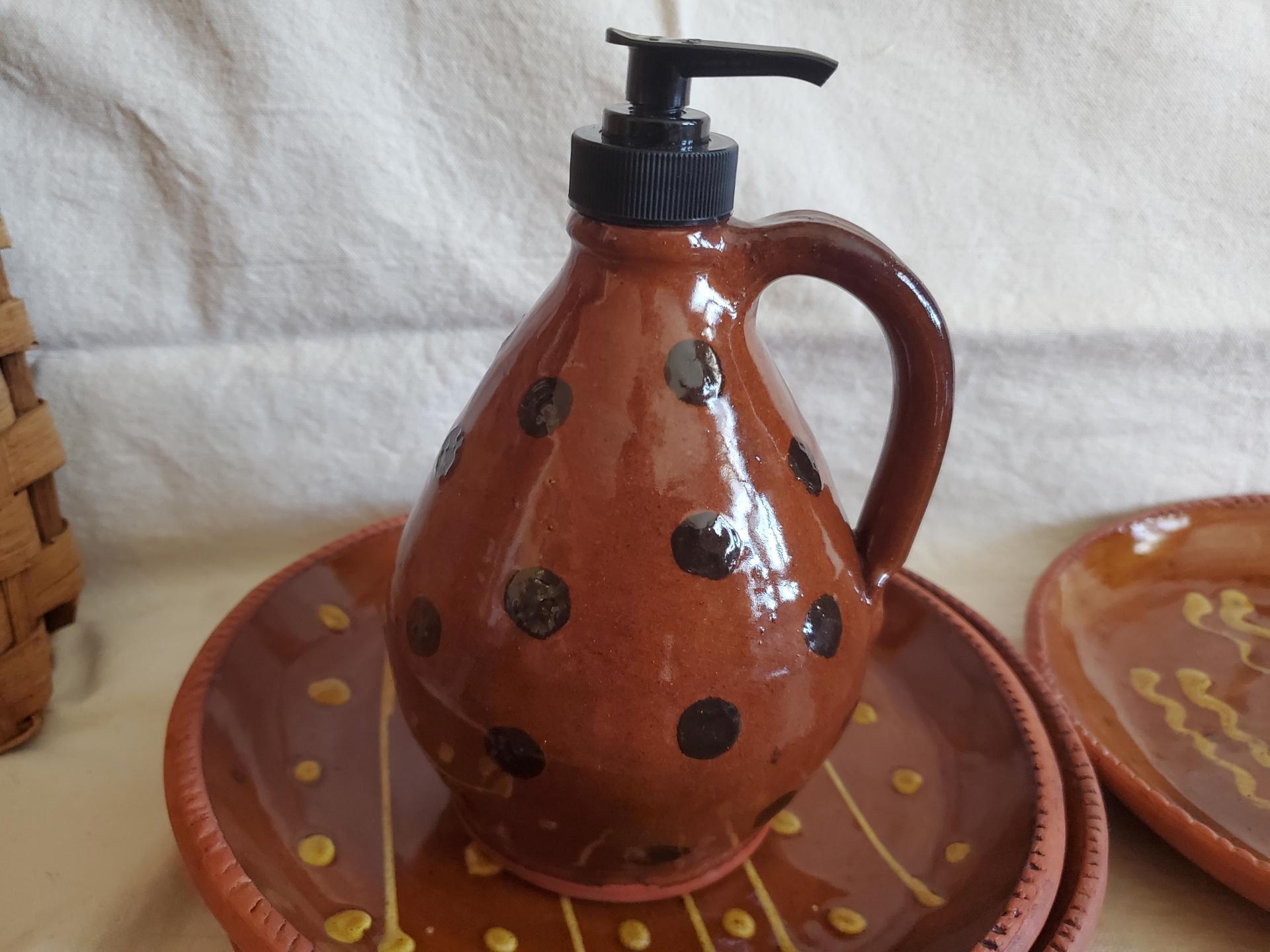 Redware Soap or Lotion Dispenser Jug with Black Dots
