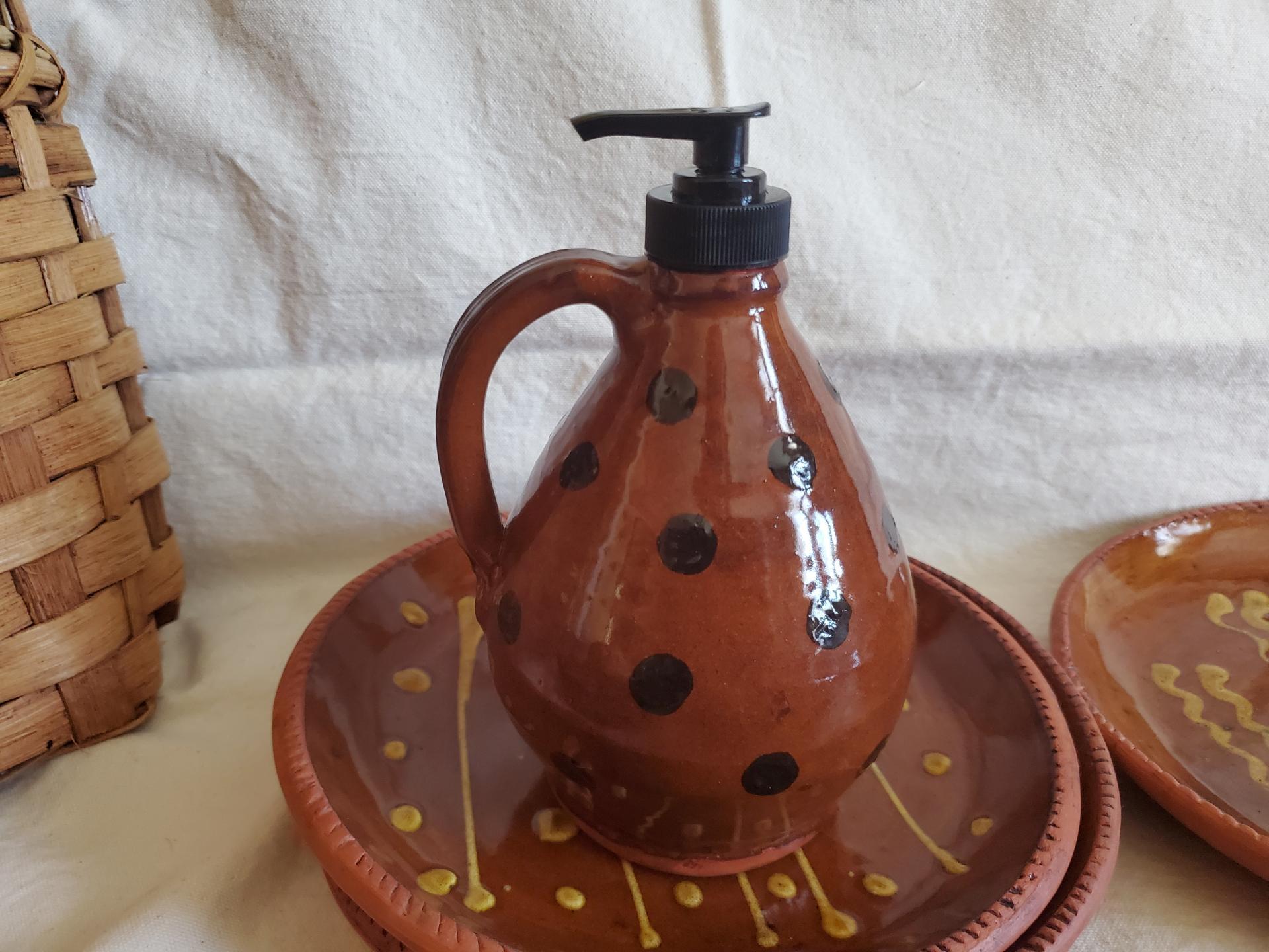 Redware Soap or Lotion Dispenser Jug with Black Dots