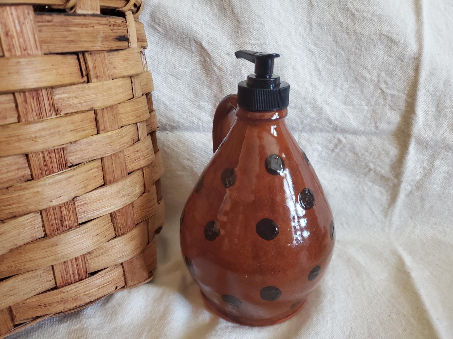 Redware Soap or Lotion Dispenser Jug with Black Dots
