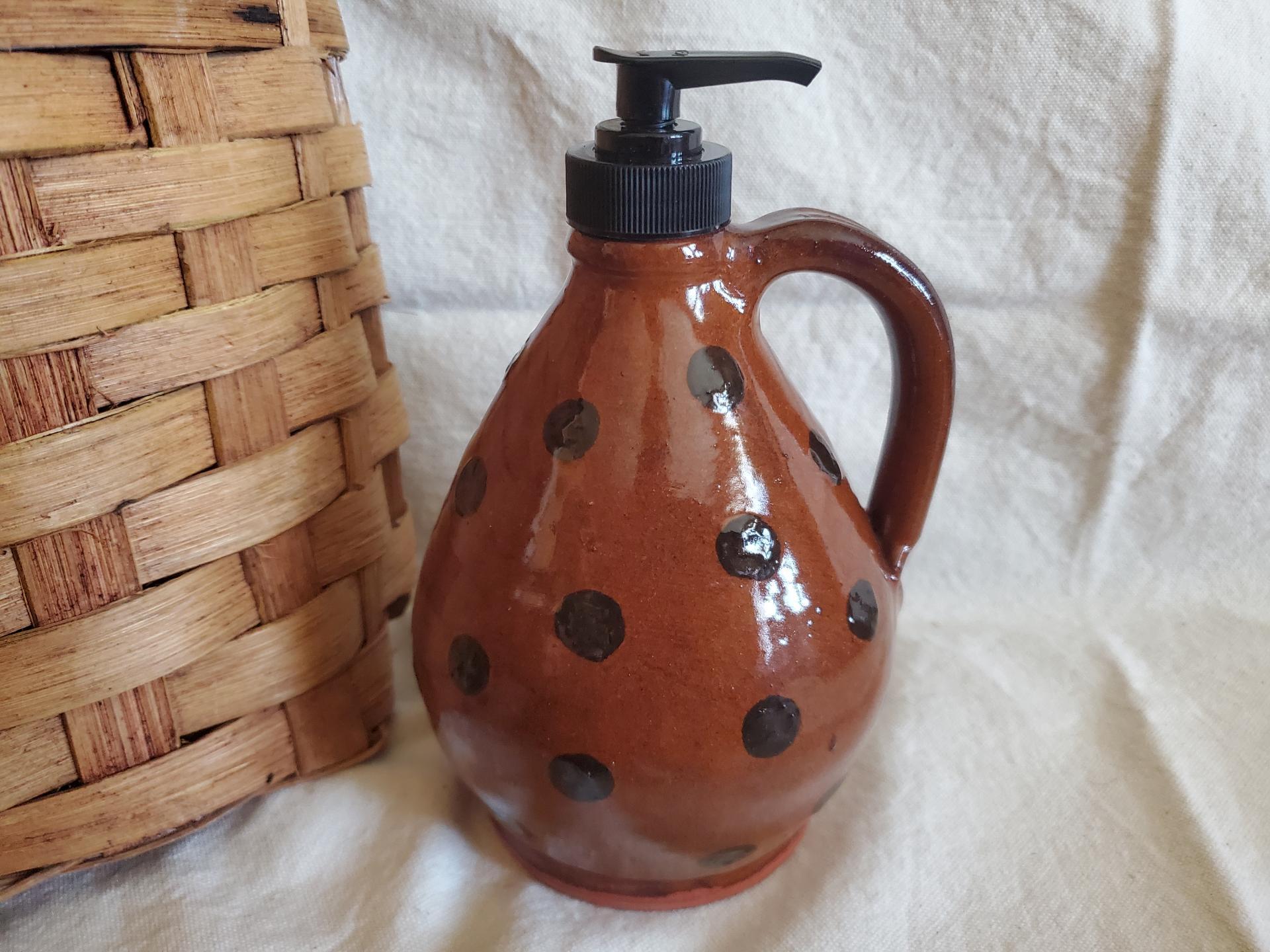 Redware Soap or Lotion Dispenser Jug with Black Dots