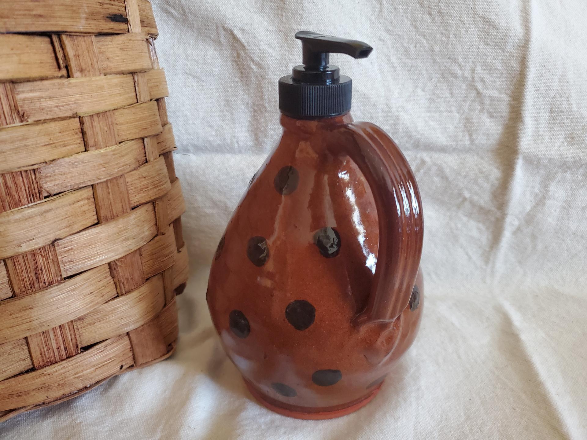 Redware Soap or Lotion Dispenser Jug with Black Dots