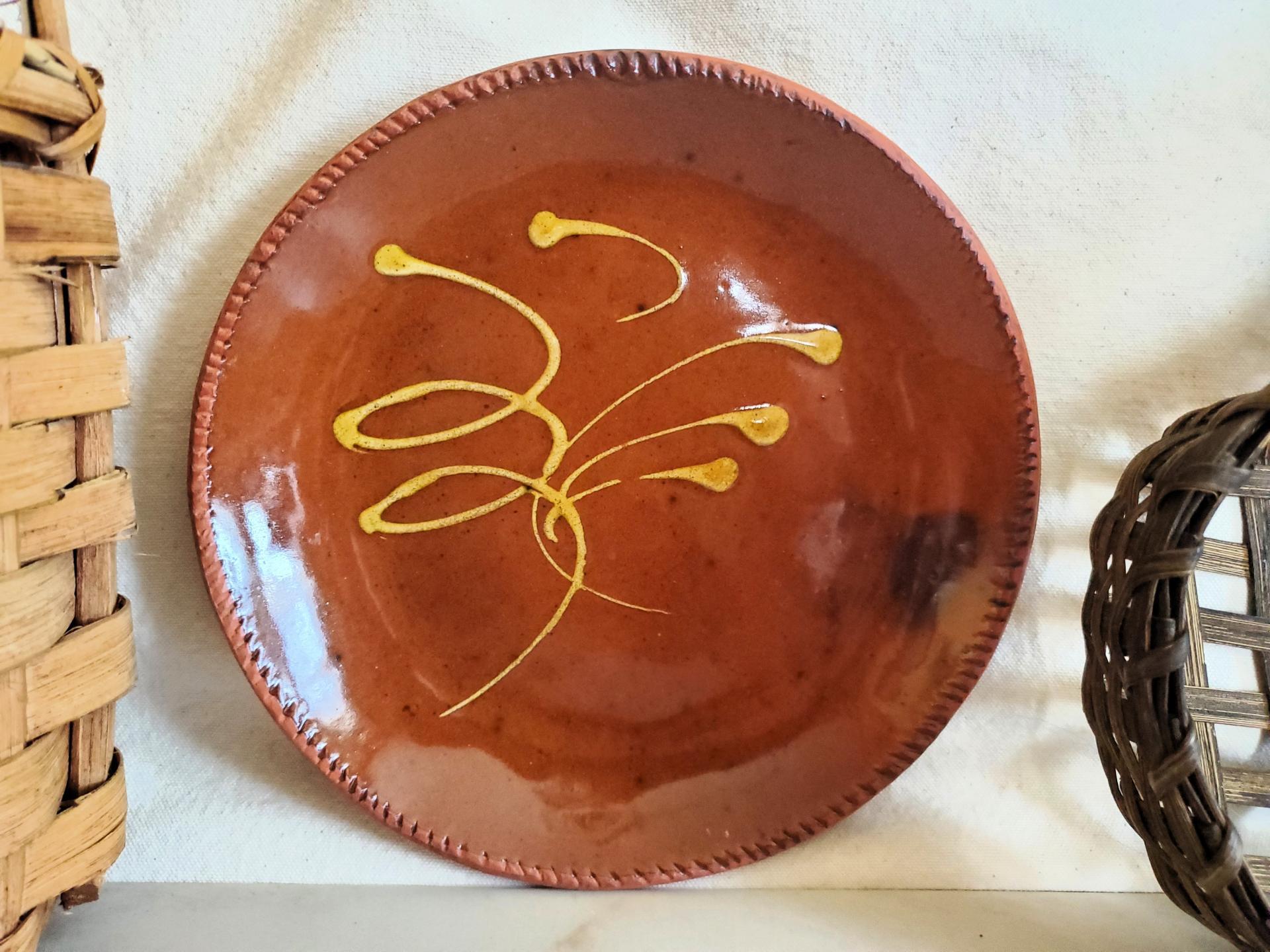 Redware 9 in. Plate, Feather Traditional Motif,  Antiqued