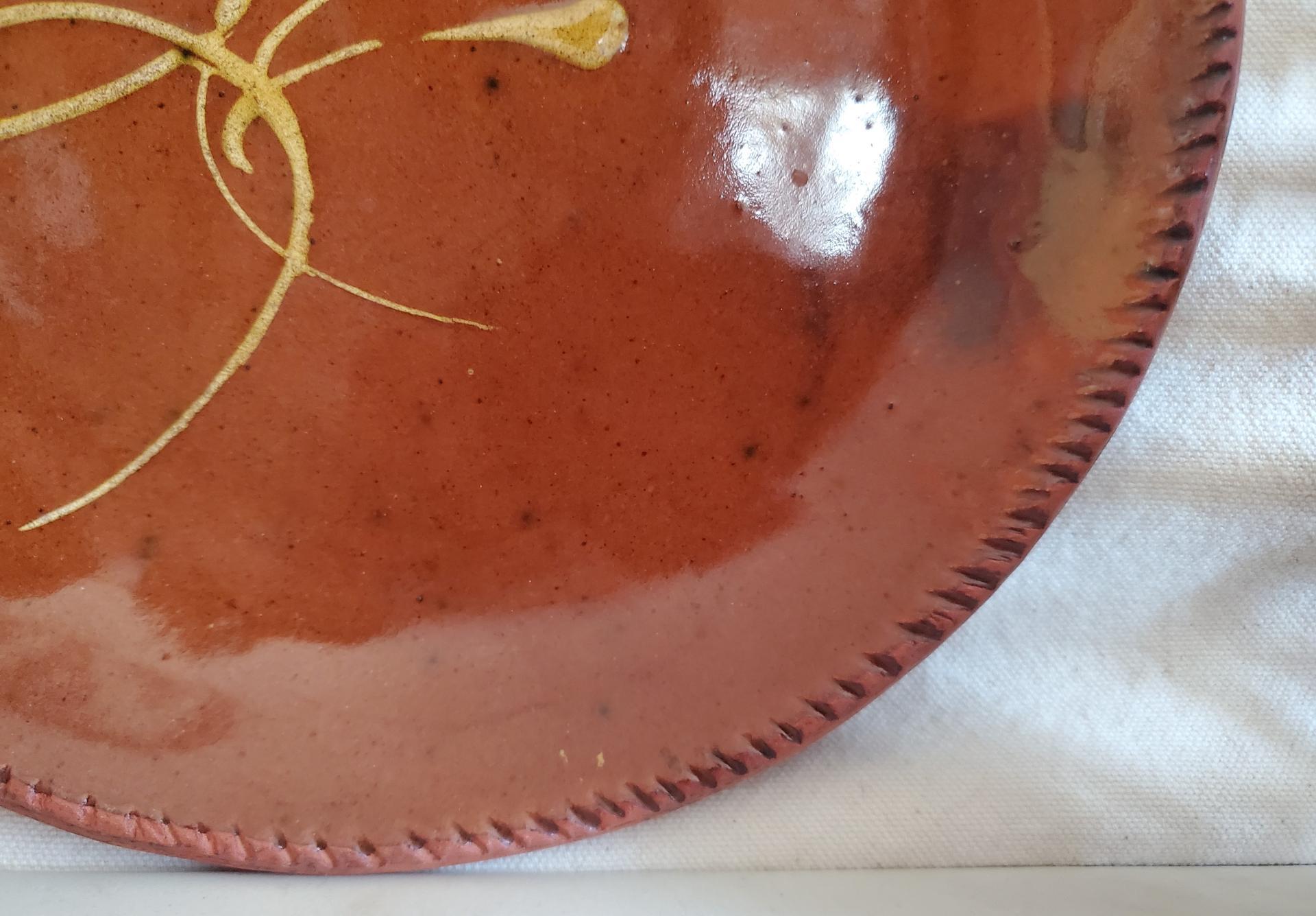 Redware 9 in. Plate, Feather Traditional Motif,  Antiqued