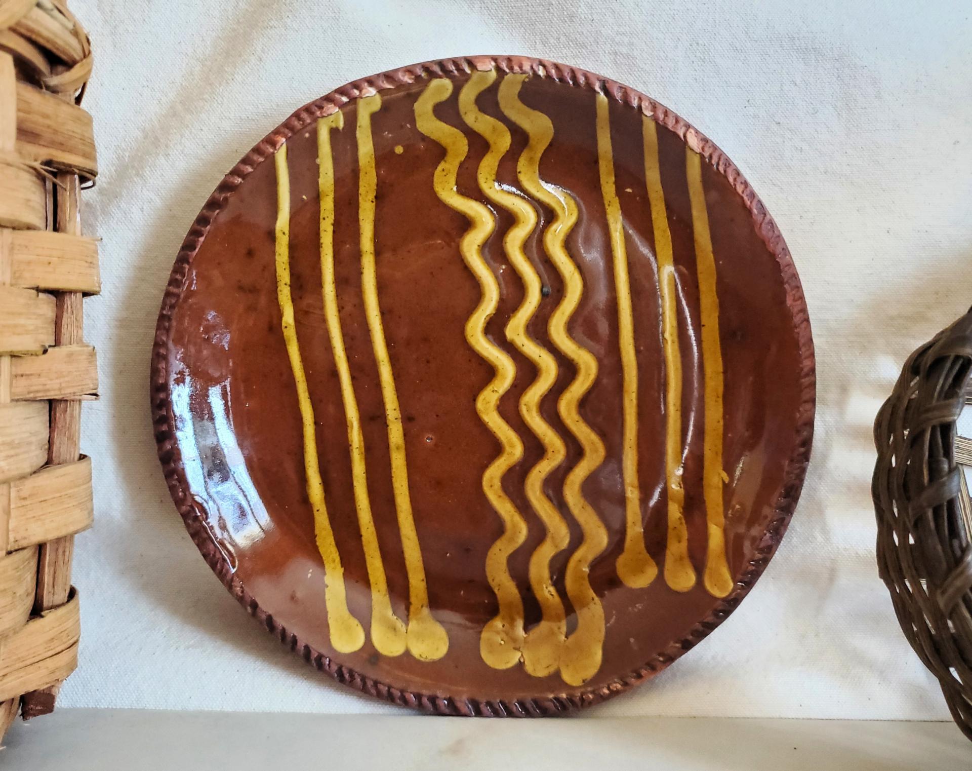Redware 9 in. Plate, One-of-a-Kind Traditional Motif,  Antiqued