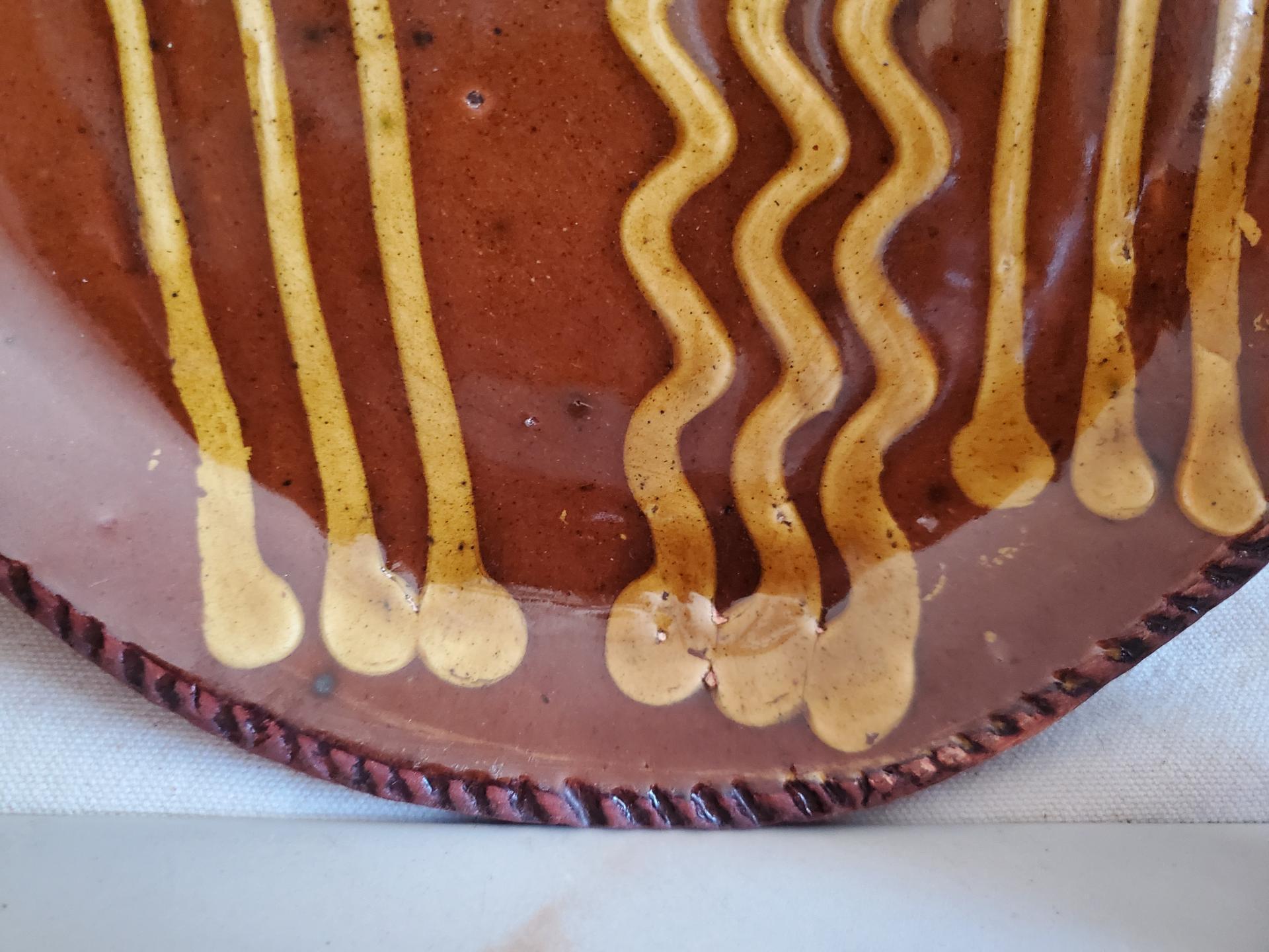 Redware 9 in. Plate, One-of-a-Kind Traditional Motif,  Antiqued