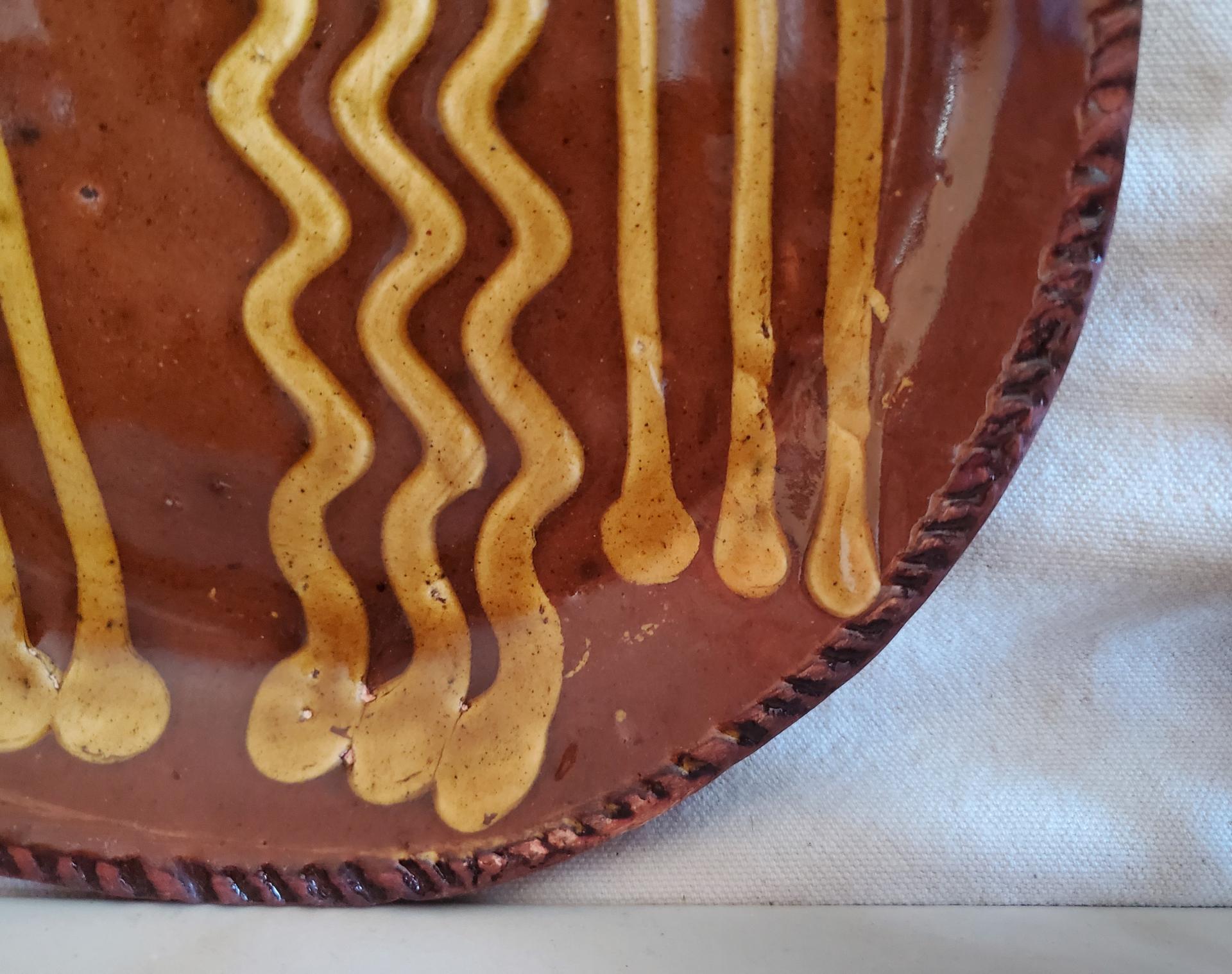 Redware 9 in. Plate, One-of-a-Kind Traditional Motif,  Antiqued