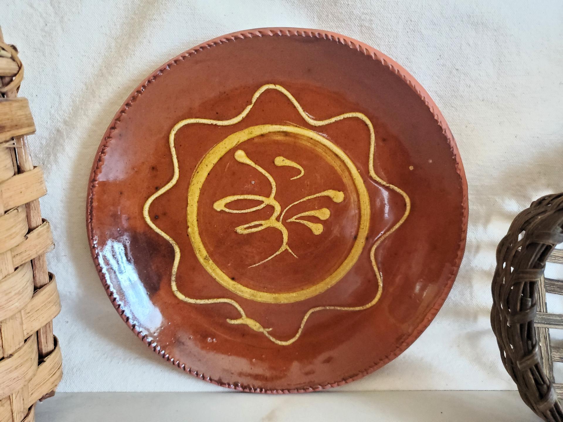 Redware 9 in. Plate, One-of-a-Kind Traditional Motif,  Antiqued