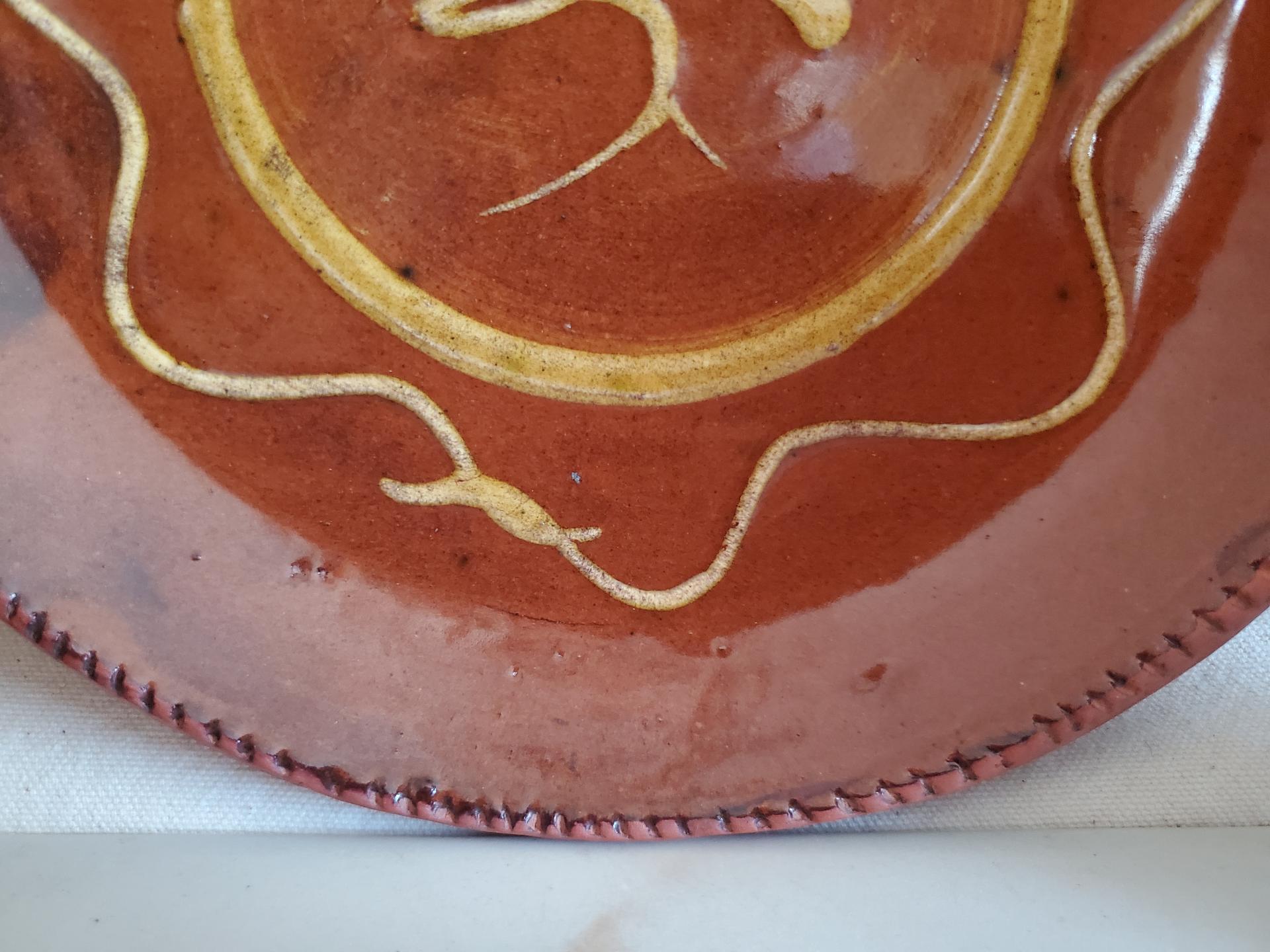 Redware 9 in. Plate, One-of-a-Kind Traditional Motif,  Antiqued