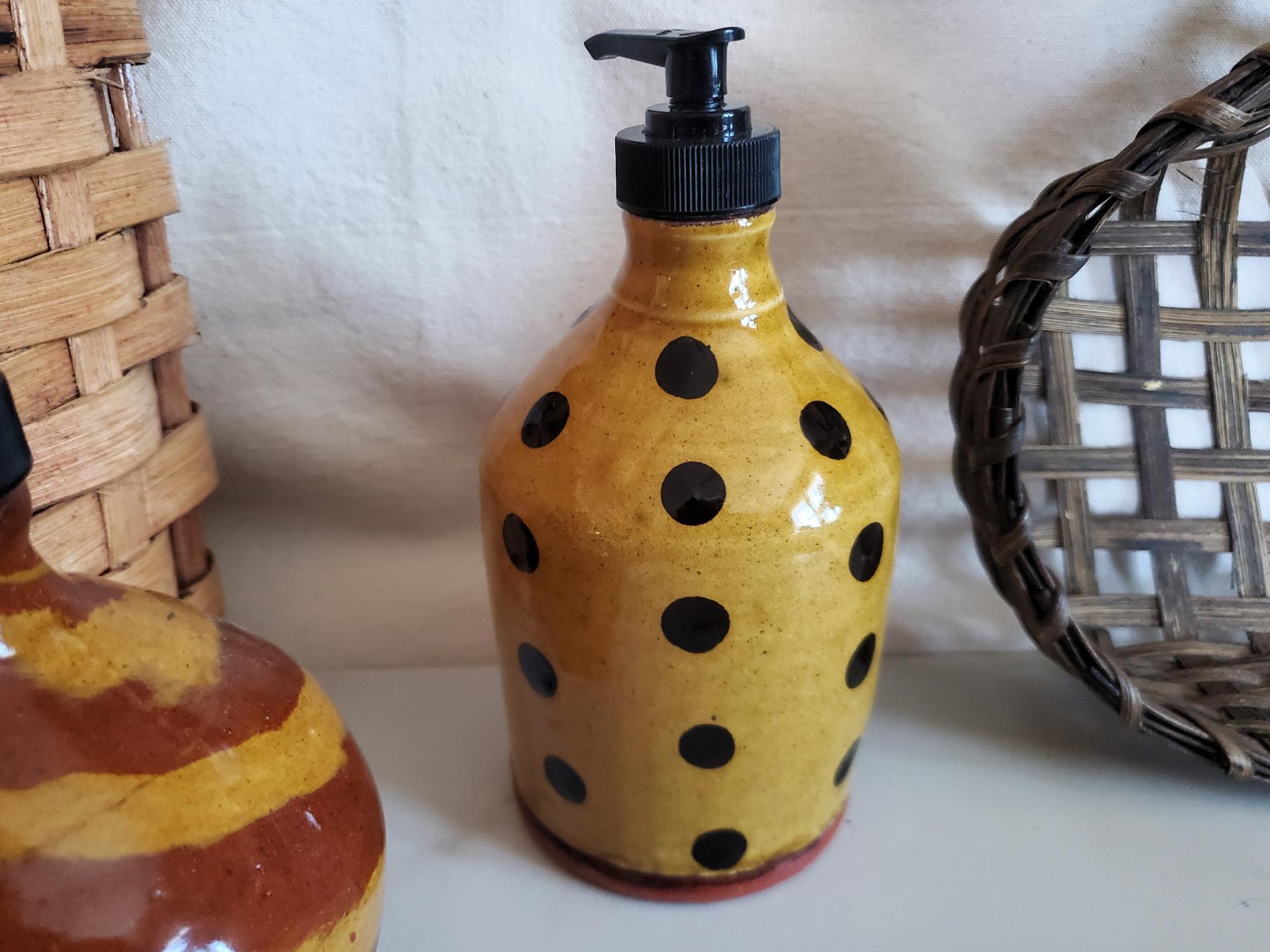 Redware Soap or Lotion Dispenser Bottle with Black Dots