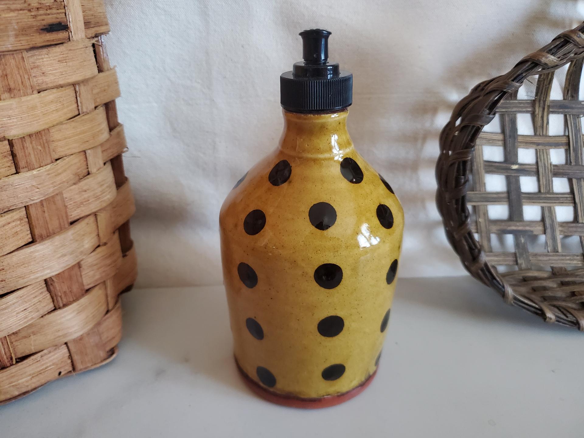 Redware Soap or Lotion Dispenser Bottle with Black Dots