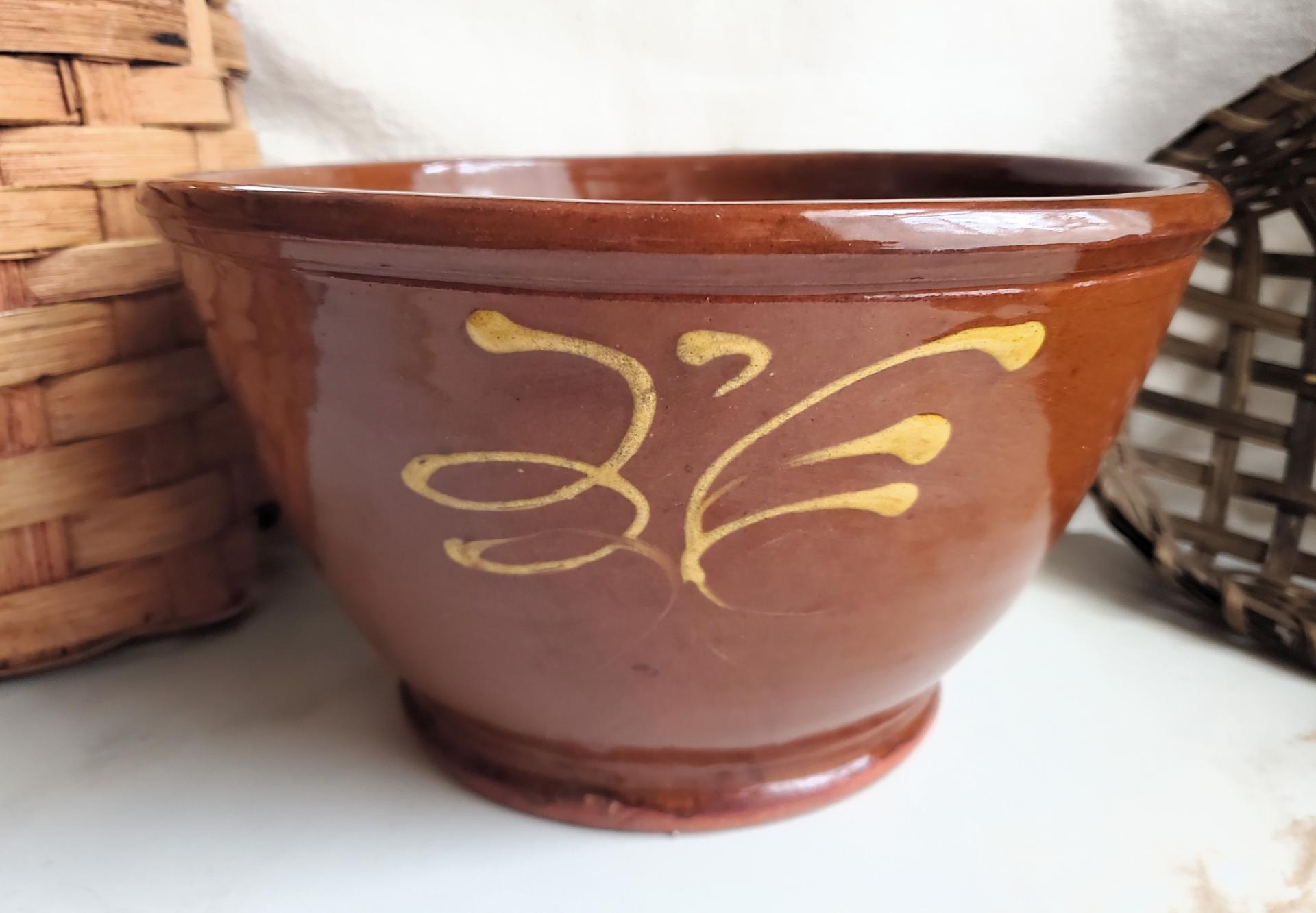 Redware Nesting Bowls (3), Feather Motif, Glazed and Antiqued Finish