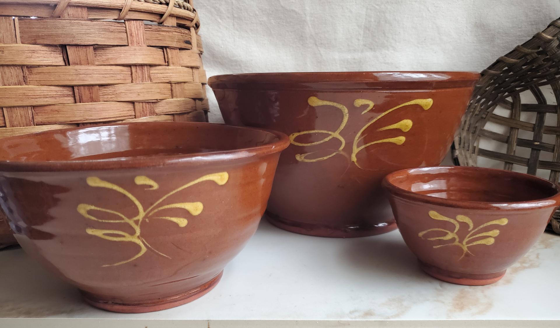 Redware Nesting Bowls (3), Feather Motif, Glazed and Antiqued Finish
