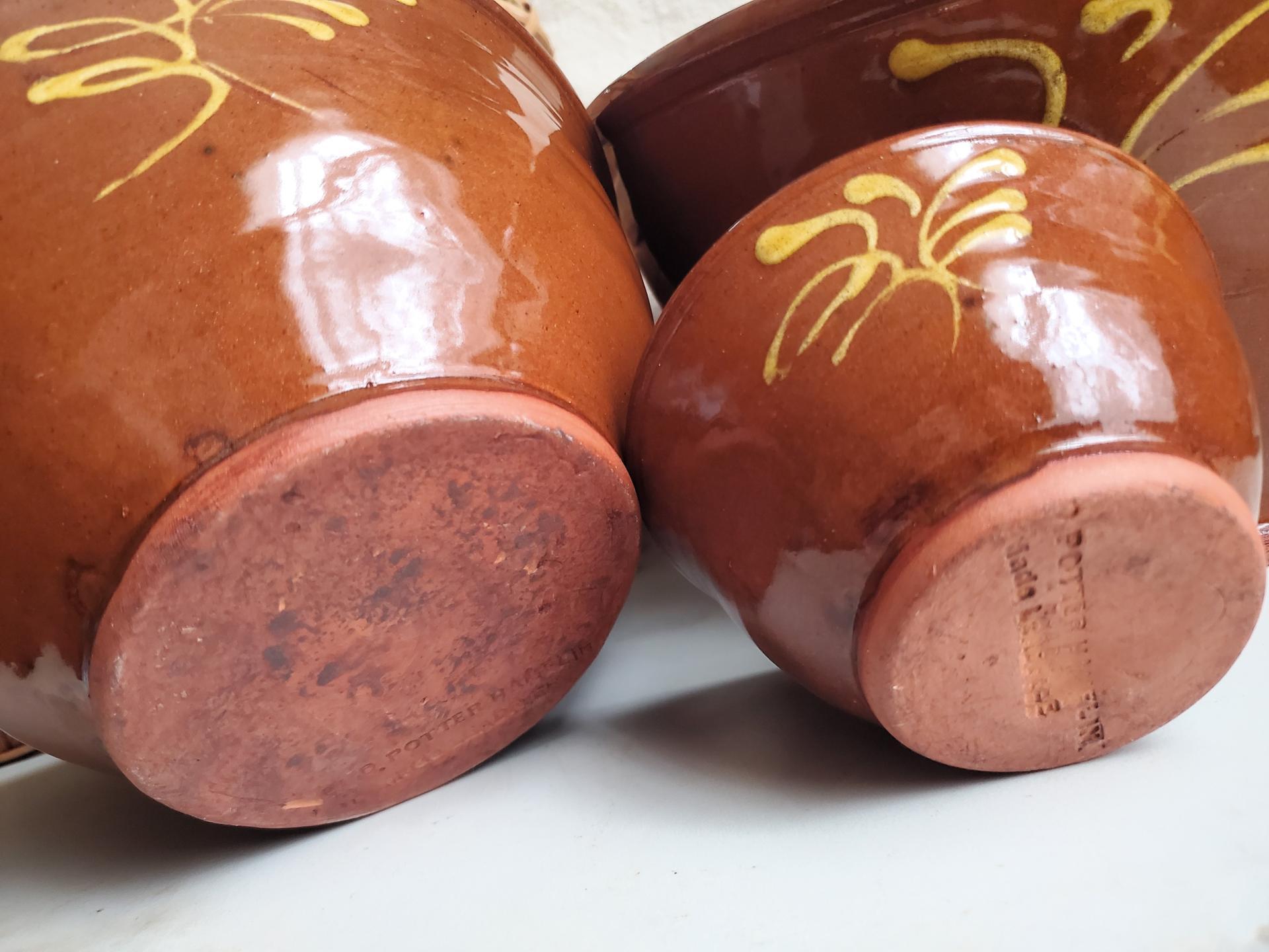 Redware Nesting Bowls (3), Feather Motif, Glazed and Antiqued Finish