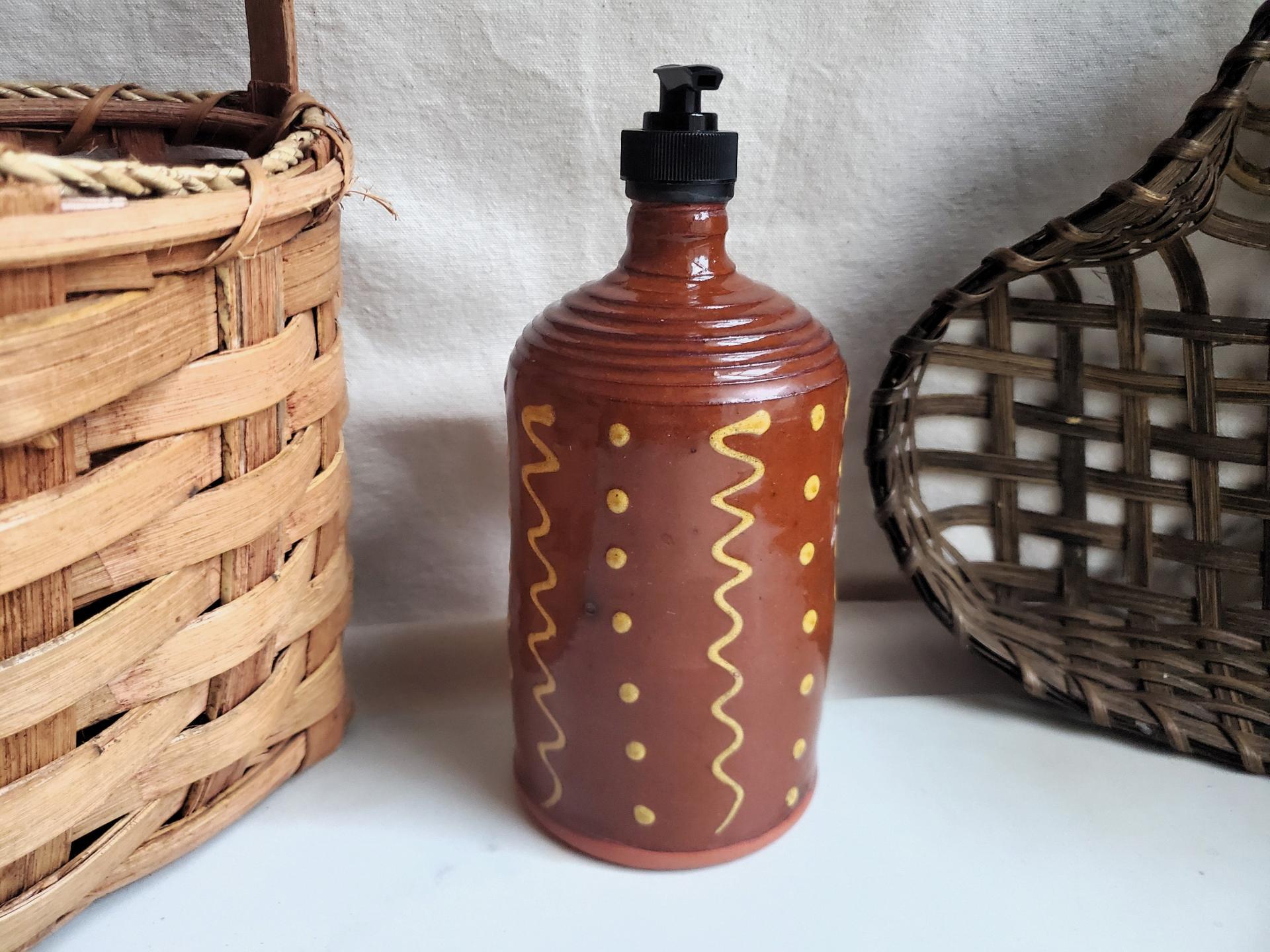 Large Redware Soap or Lotion Dispenser Bottle with Squiggles and Dots