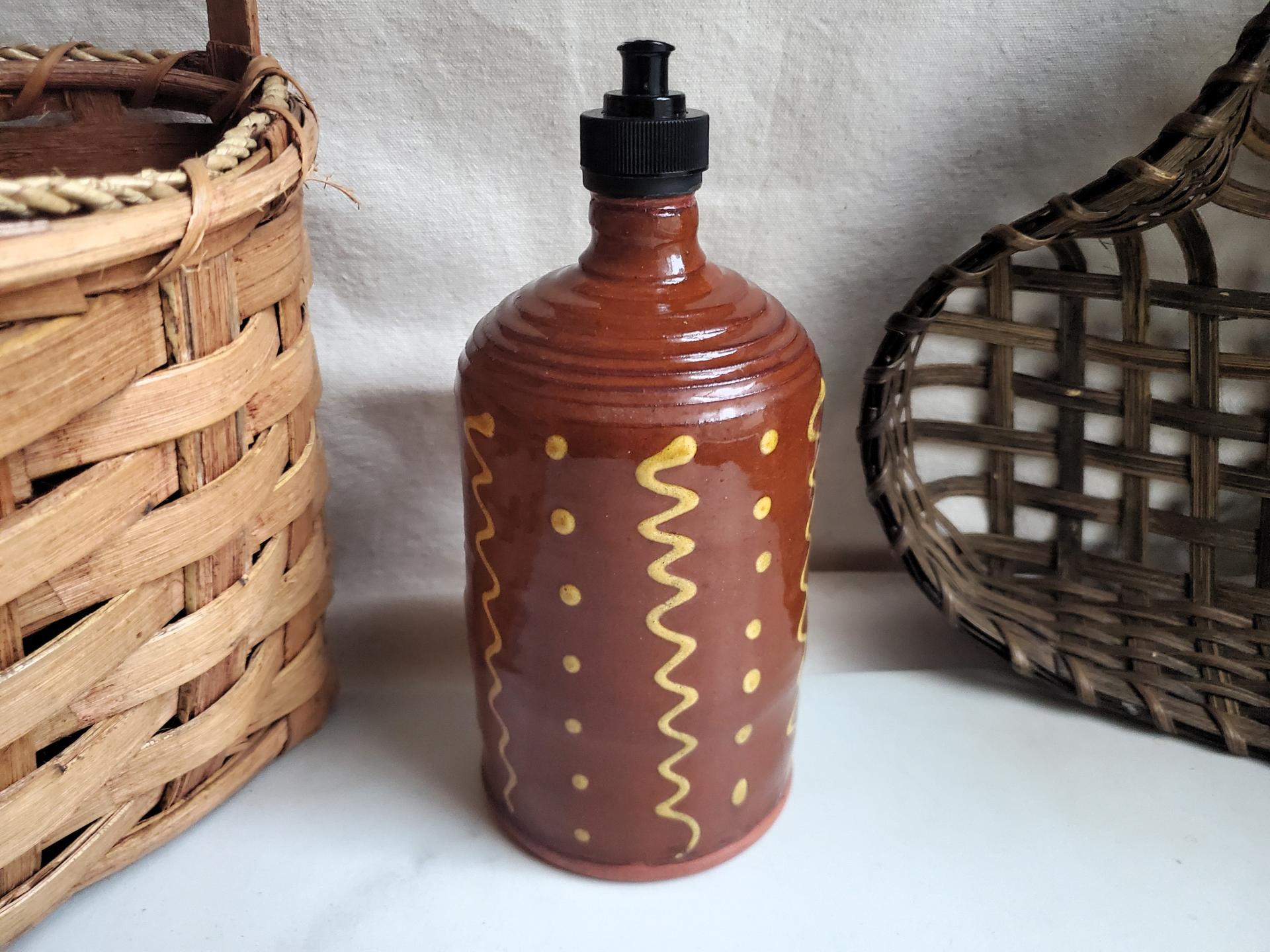 Large Redware Soap or Lotion Dispenser Bottle with Squiggles and Dots