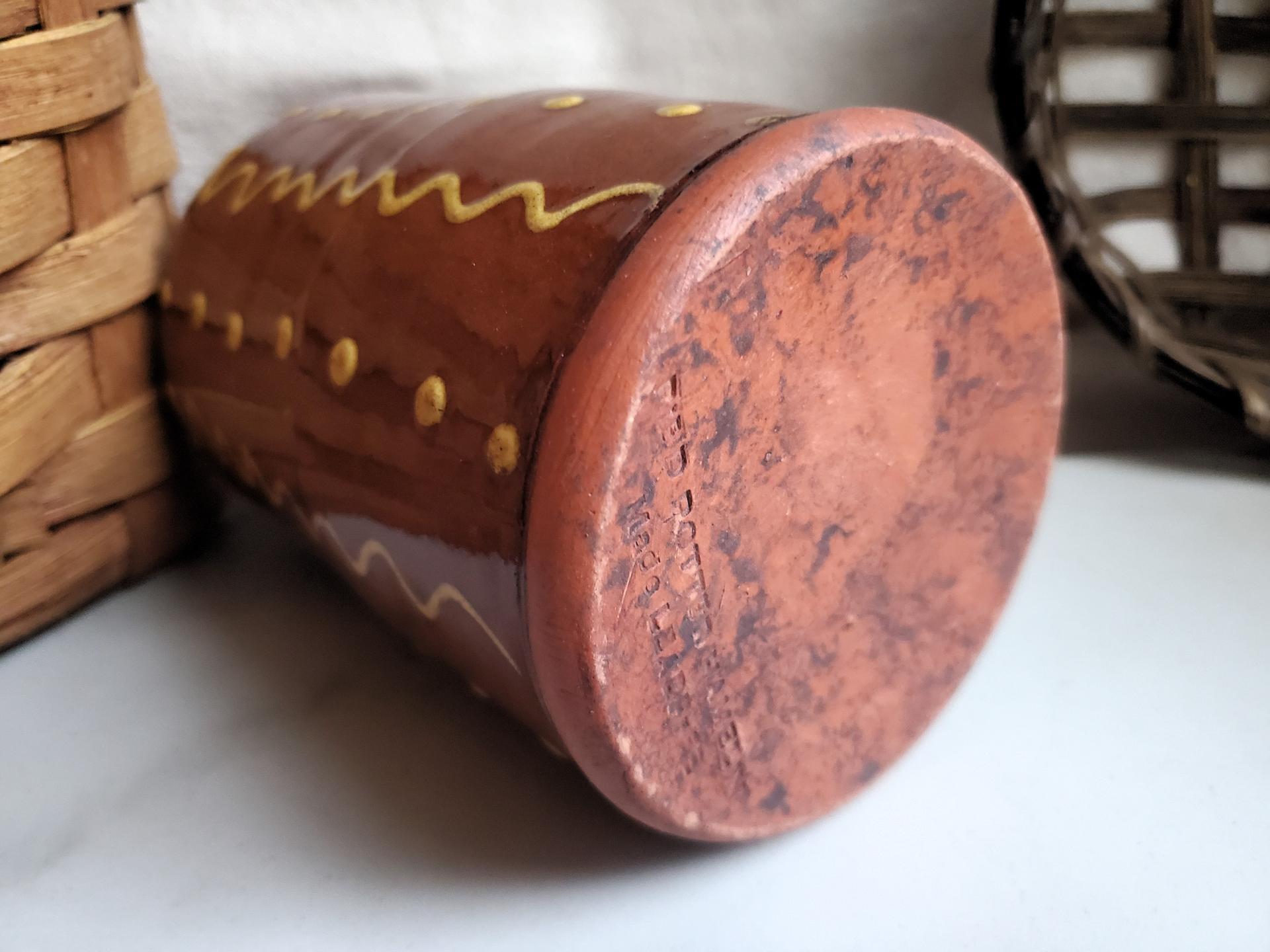 Large Redware Soap or Lotion Dispenser Bottle with Squiggles and Dots