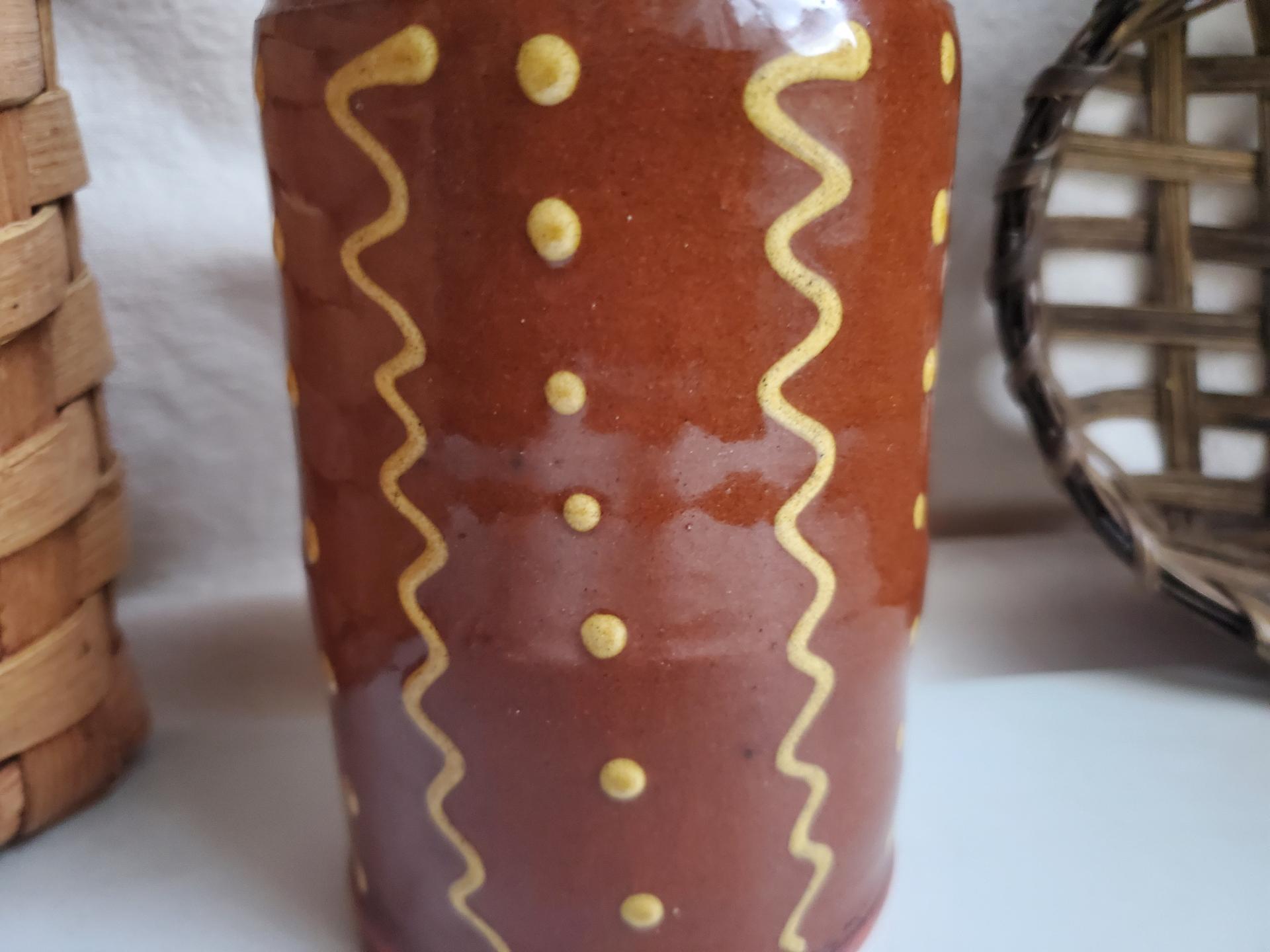 Large Redware Soap or Lotion Dispenser Bottle with Squiggles and Dots