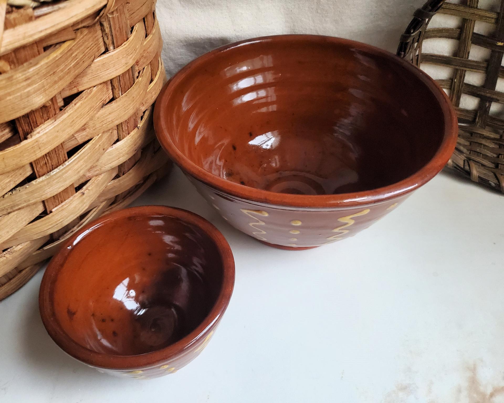 Redware Nesting Bowls (2), Squiggles and Dots Pattern, Antique Finish
