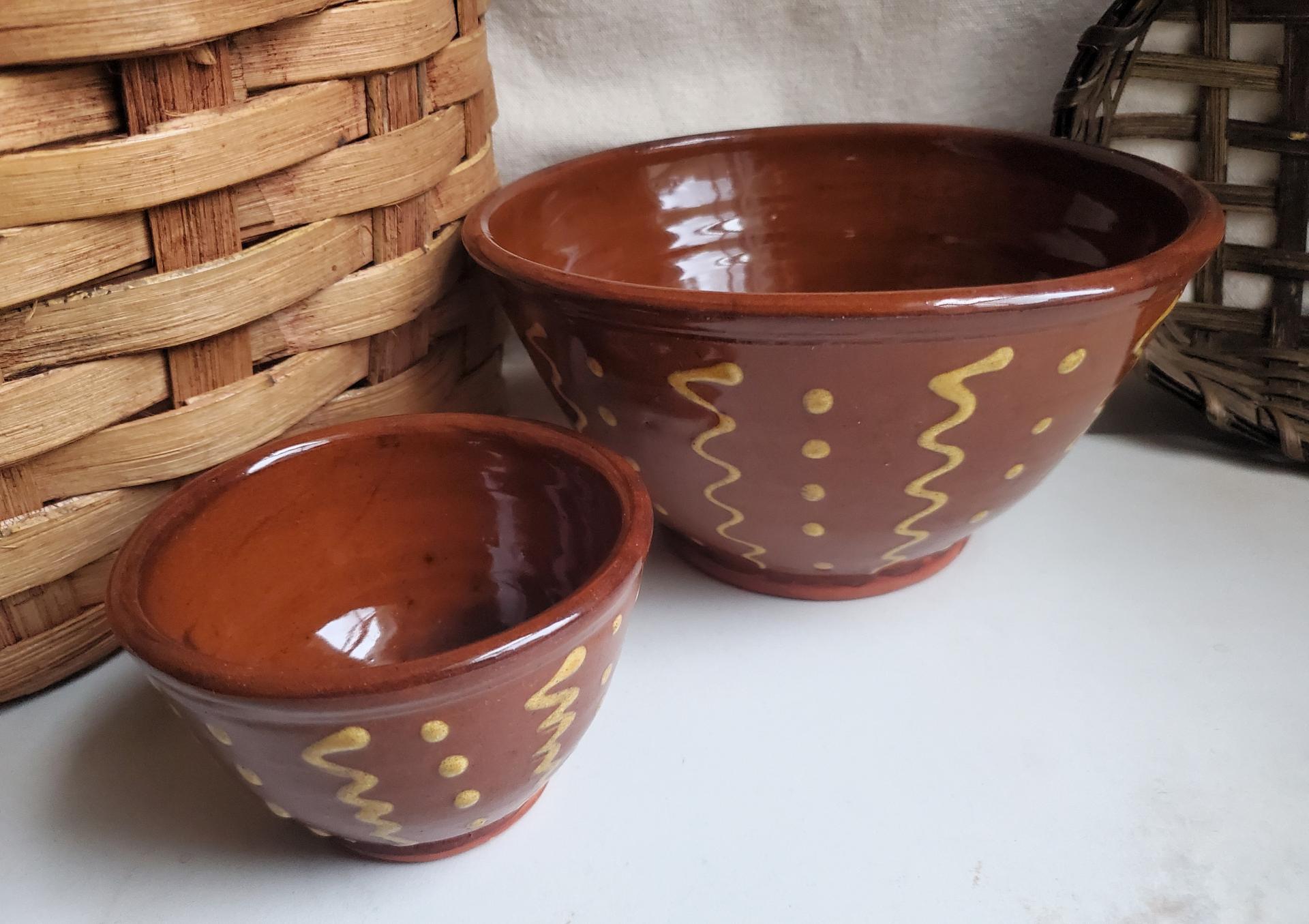Redware Nesting Bowls (2), Squiggles and Dots Pattern, Antique Finish