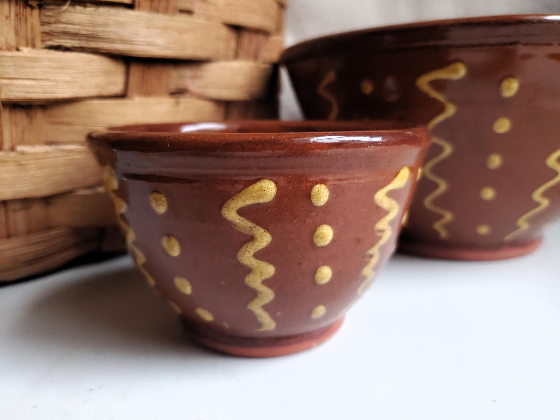 Redware Nesting Bowls (2), Squiggles and Dots Pattern, Antique Finish