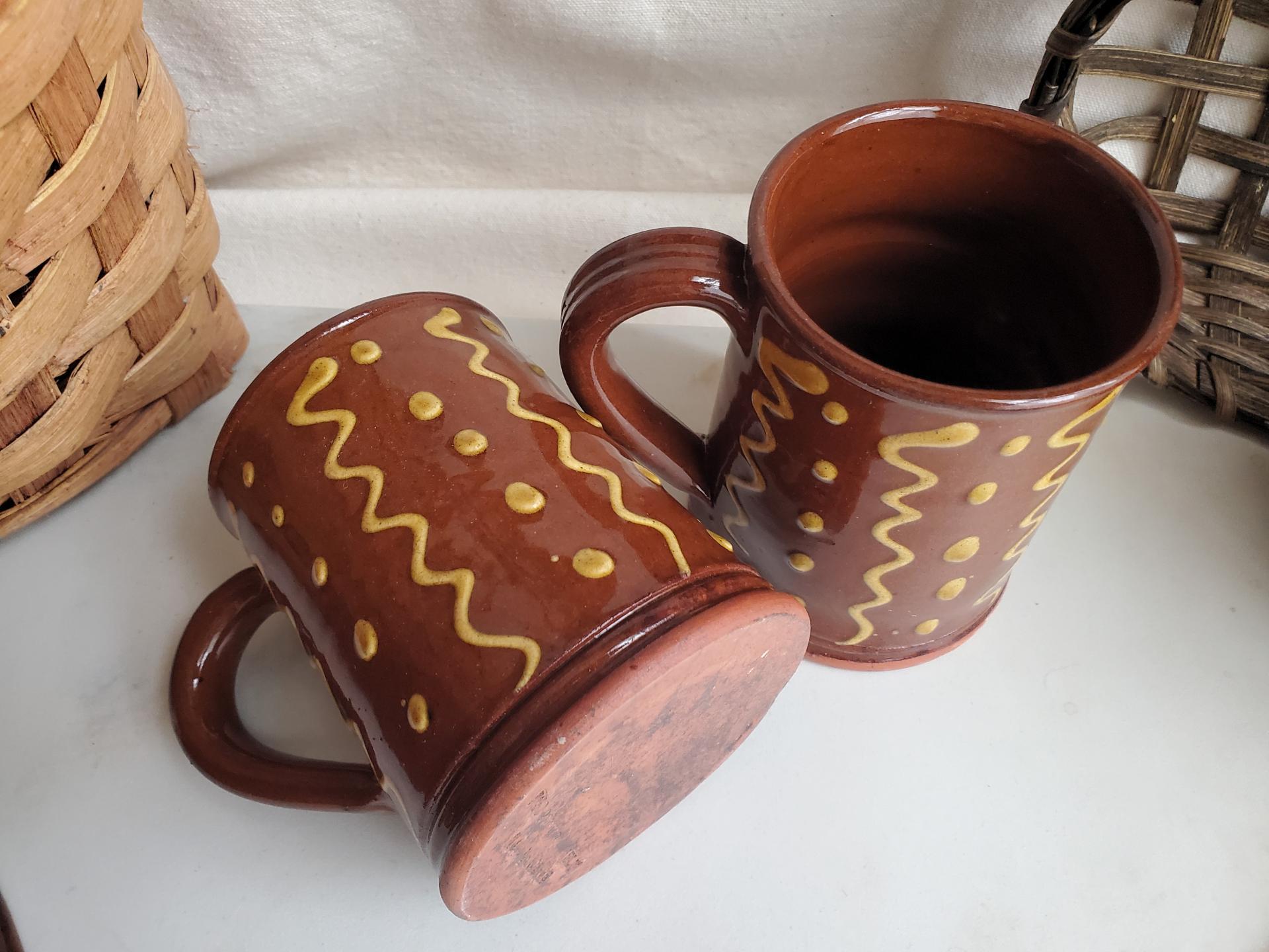 Two Slip-Decorated Redware Mugs with Squiggles and Dots Pattern (a)
