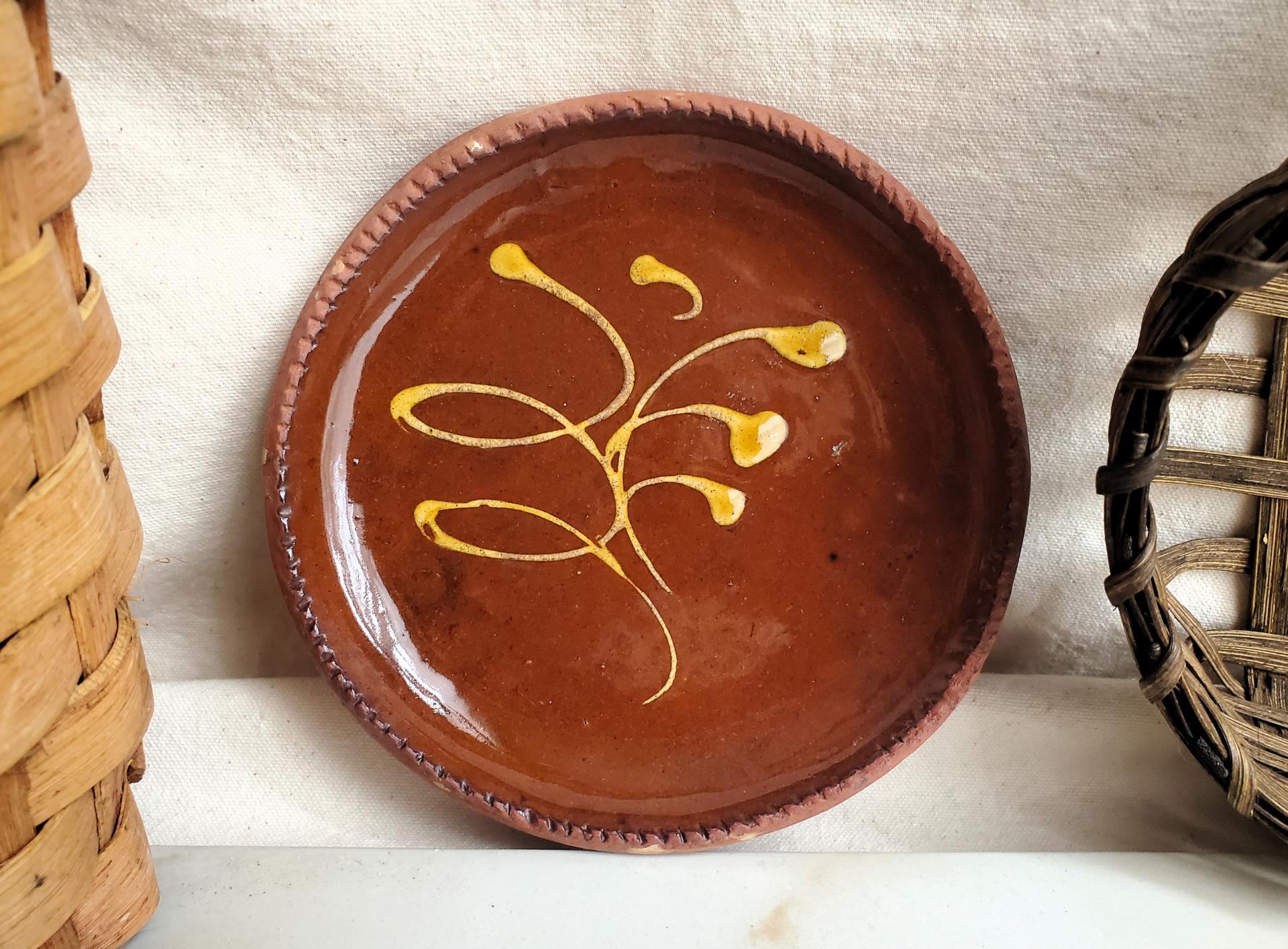 Slip-Decorated Redware 7 in. Plate with Feather Motif