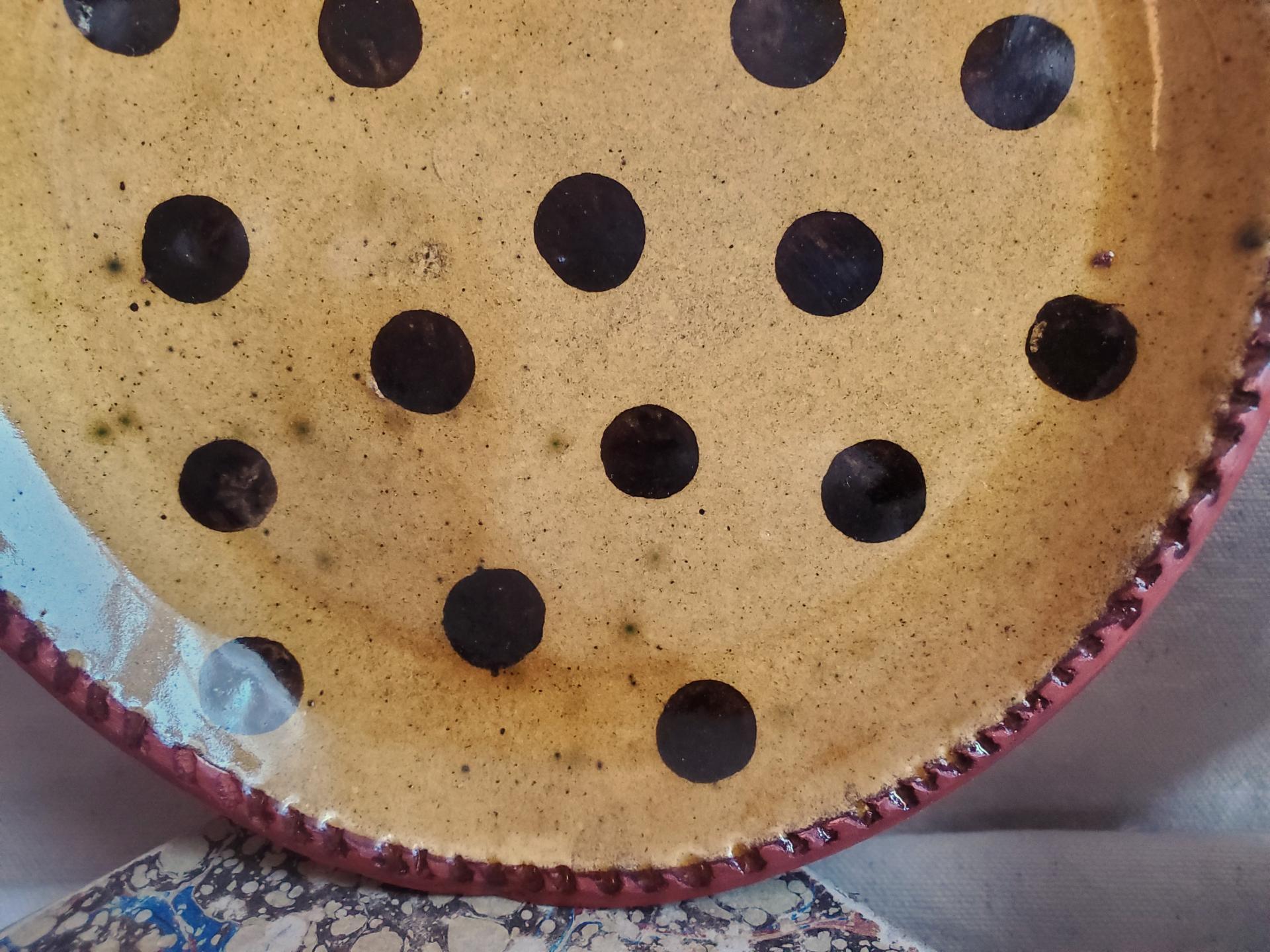 Redware 7 in. Plate Black Dots Decoration, Antiqued (a)