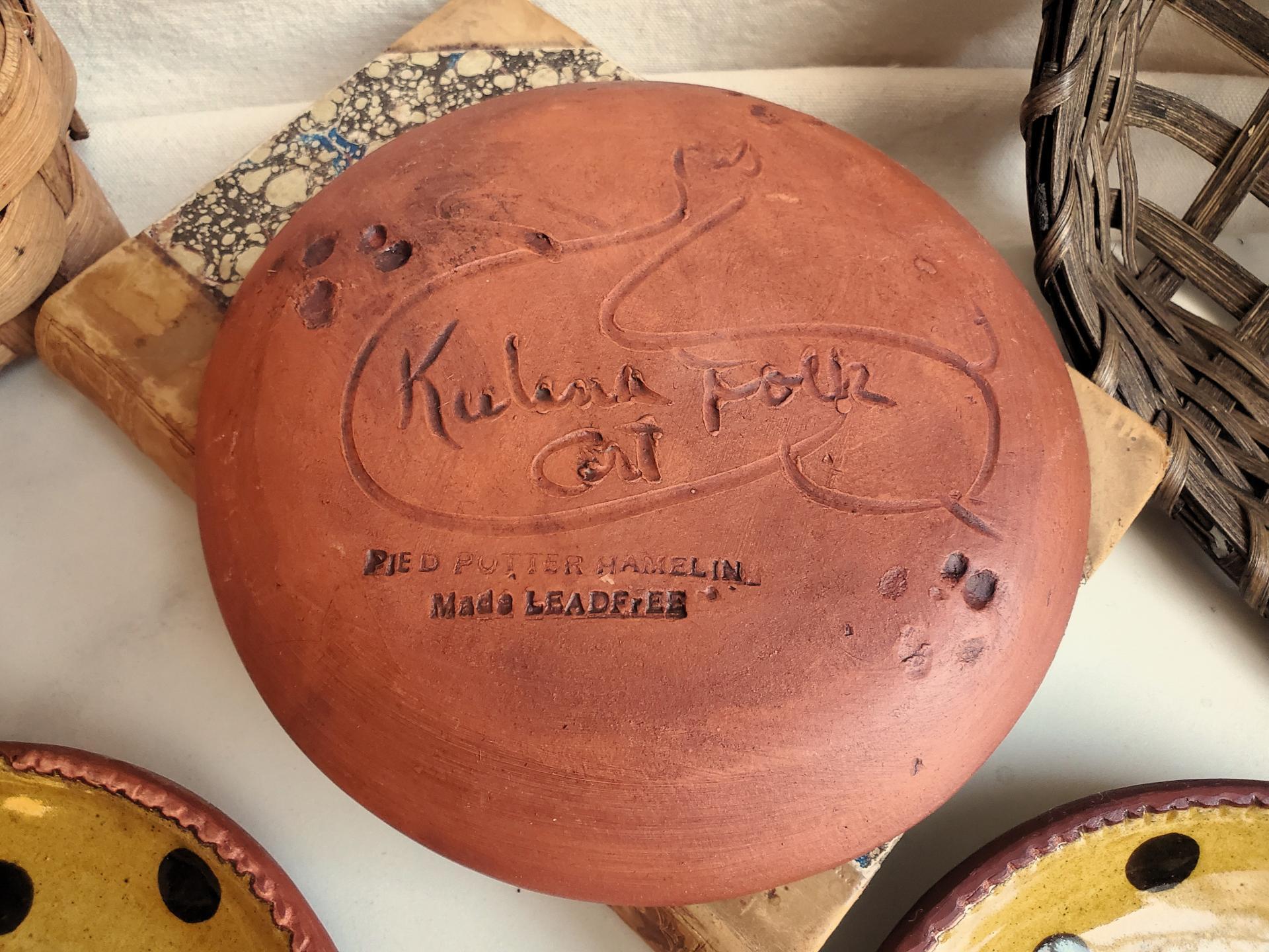 Redware 7 in. Plate Black Dots Decoration, Antiqued (a)