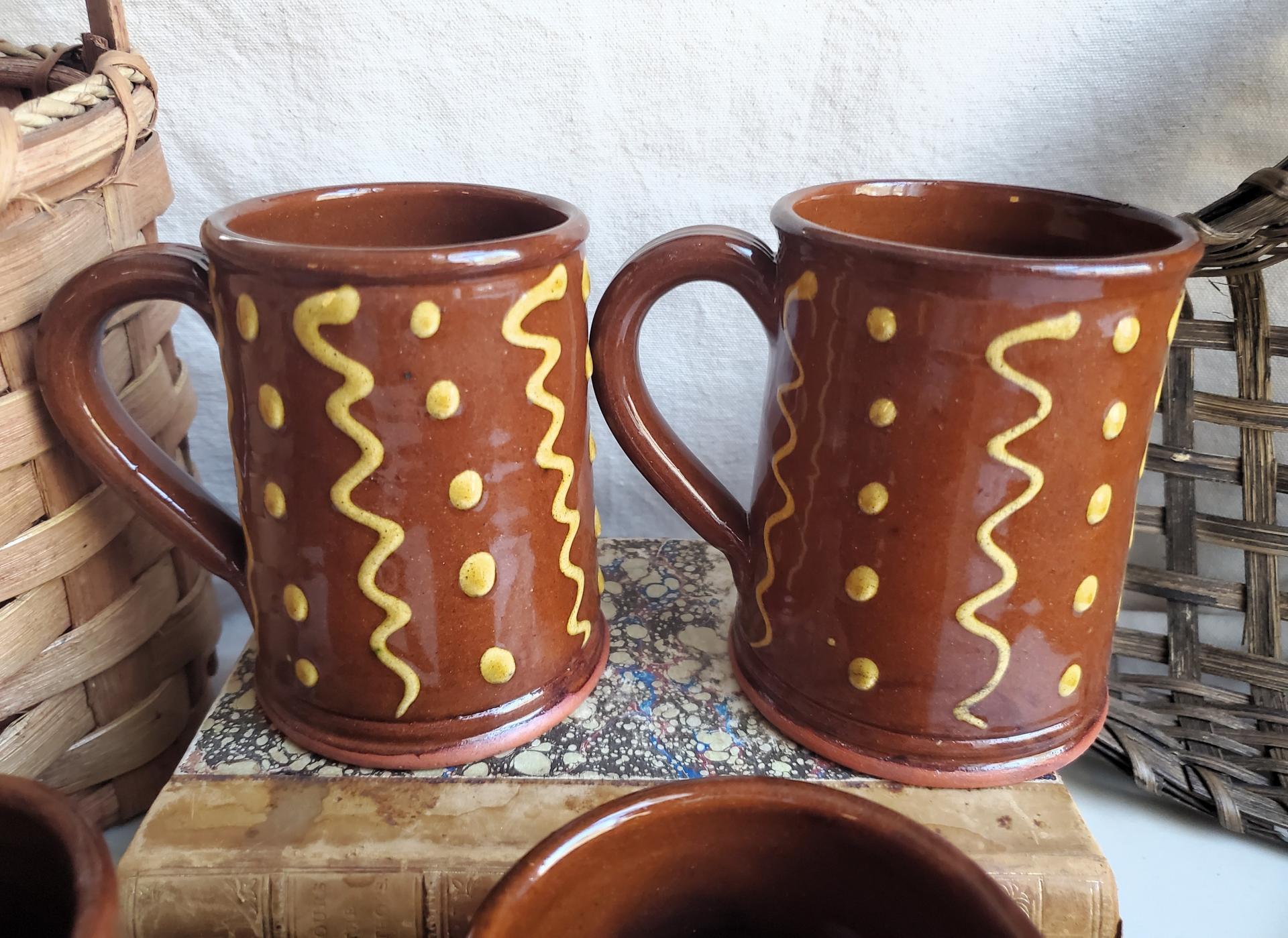 Slip-Decorated Redware (4) Mugs with Squiggles and Dots Pattern
