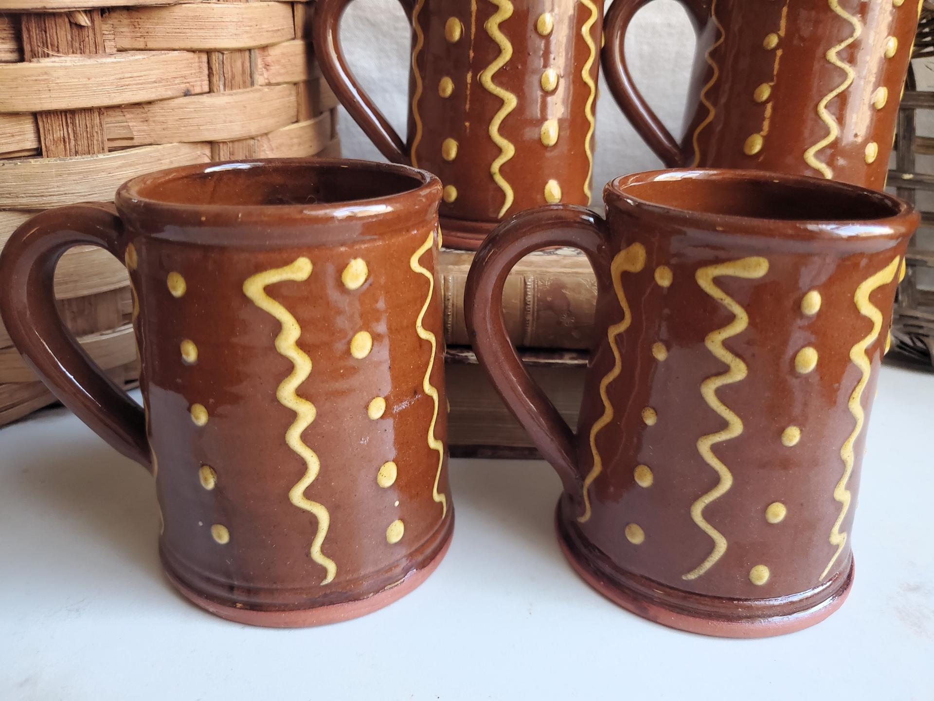 Slip-Decorated Redware (4) Mugs with Squiggles and Dots Pattern