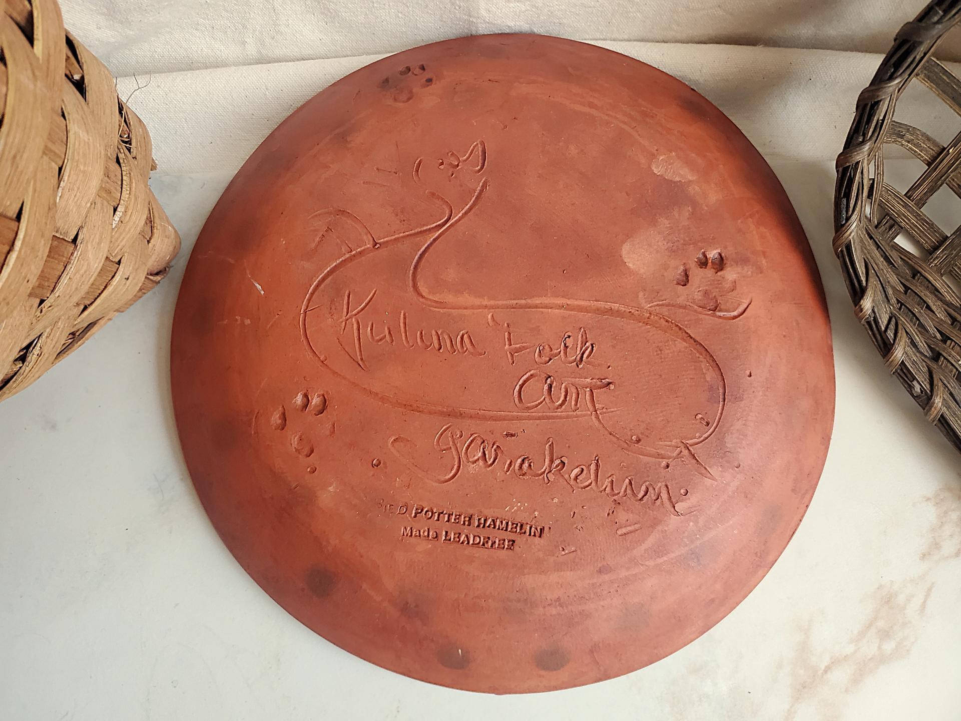 Redware 11 in. Plate Black Dots Decoration, Antiqued (b)