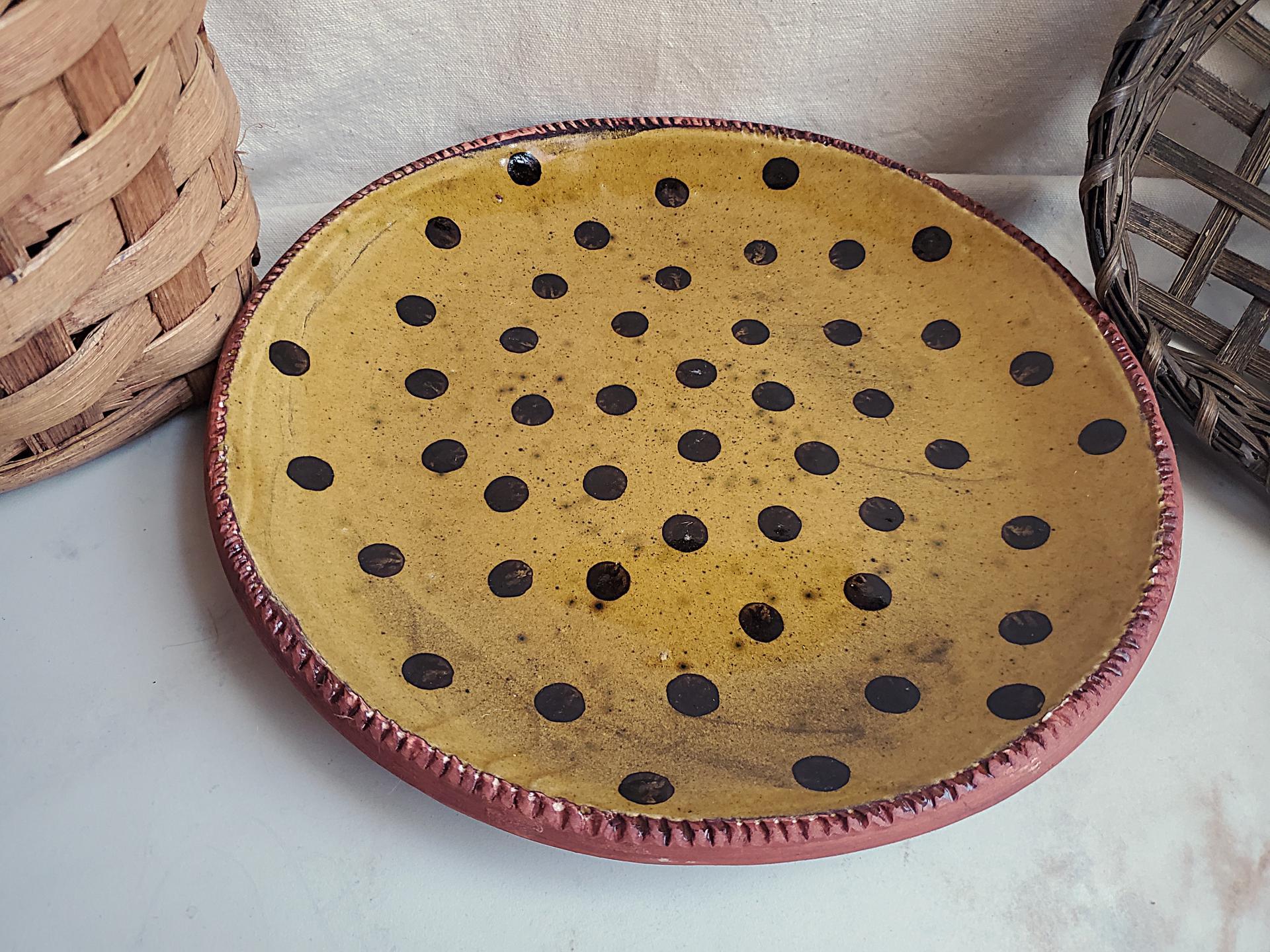 Redware 11 in. Plate Black Dots Decoration, Antiqued (a)