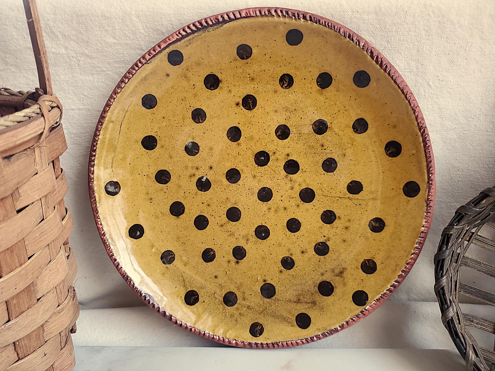 Redware 11 in. Plate Black Dots Decoration, Antiqued (a)