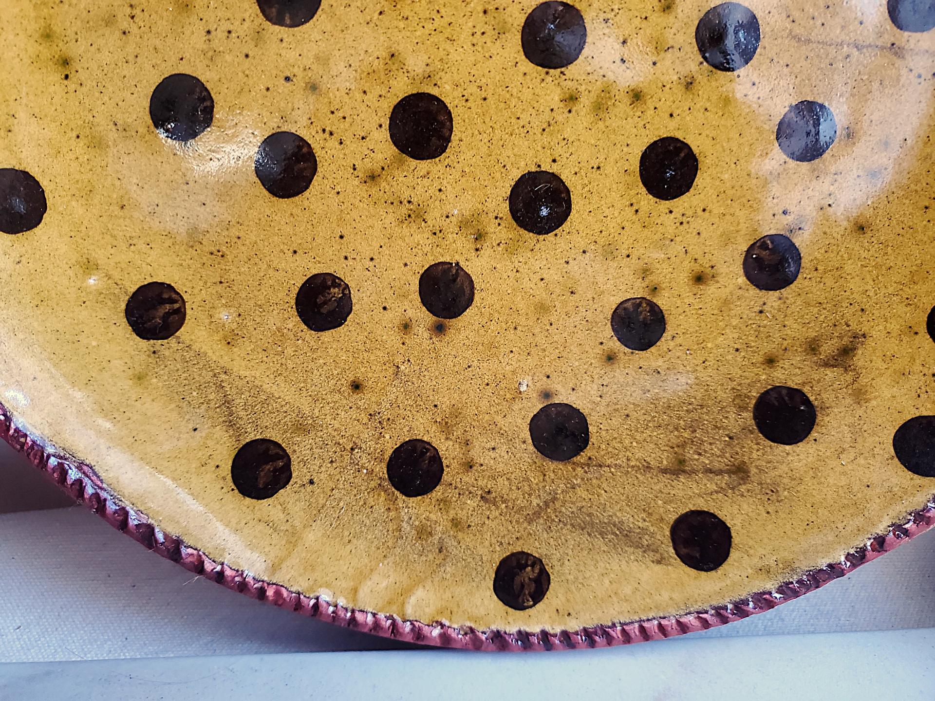 Redware 11 in. Plate Black Dots Decoration, Antiqued (a)