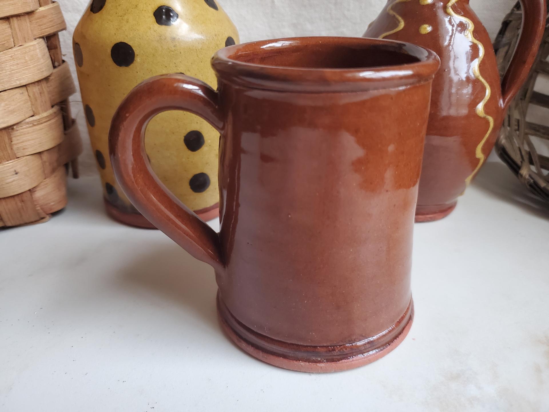 Slip-Decorated Redware Mug with Feather Motif