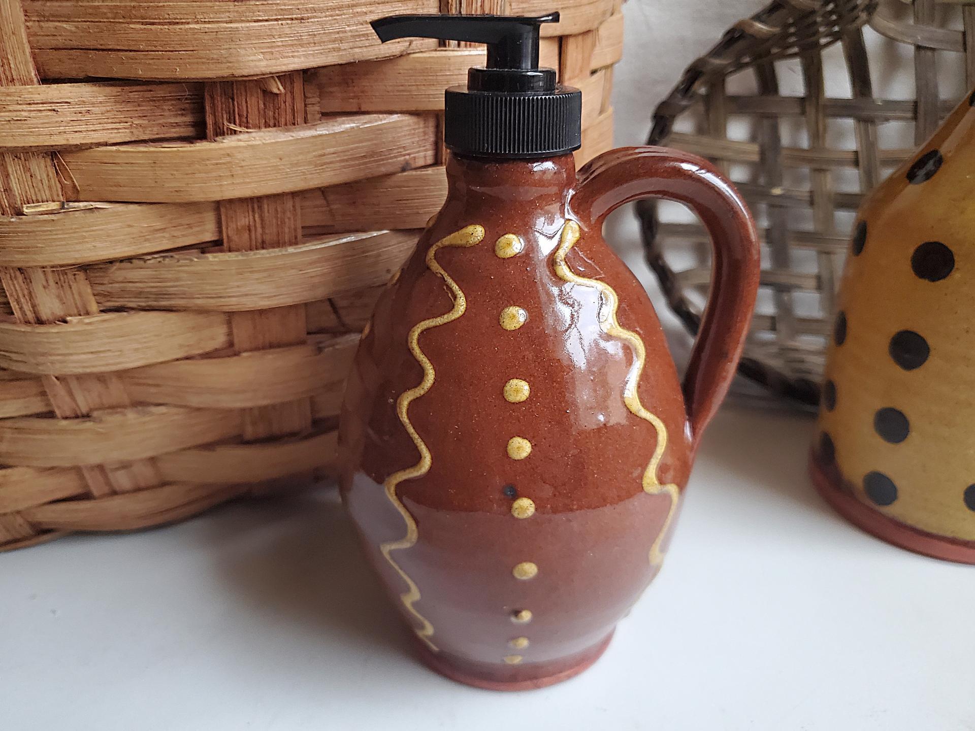 Redware Soap/Lotion Dispenser Jug with Squiggles and Dots Pattern