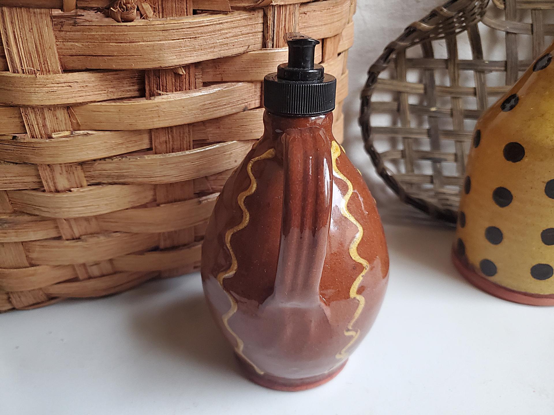 Redware Soap/Lotion Dispenser Jug with Squiggles and Dots Pattern