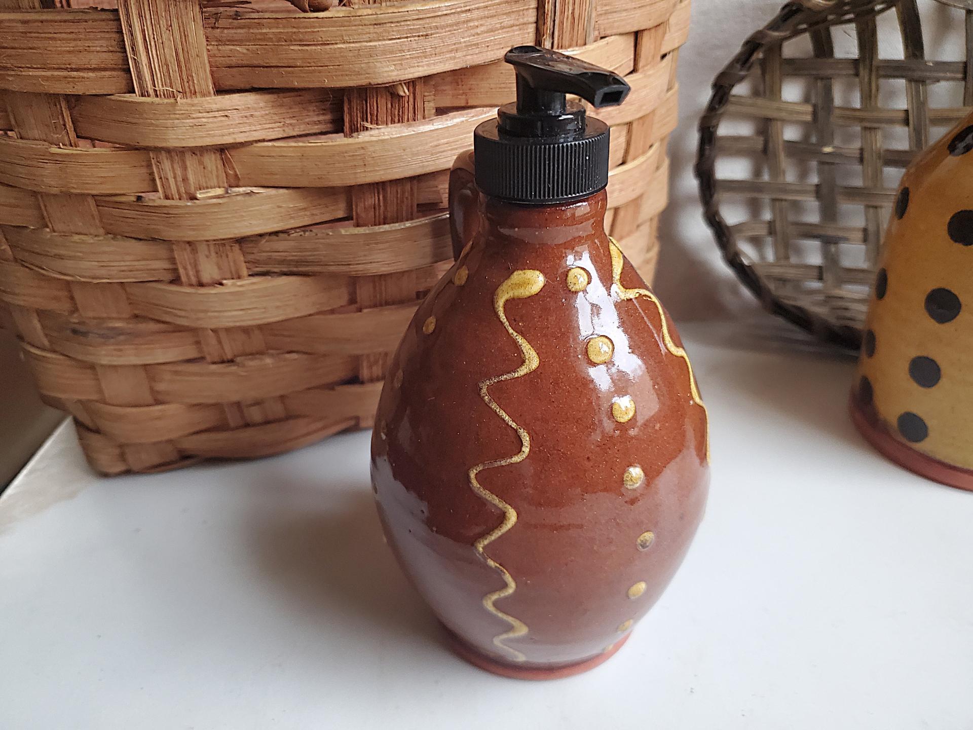 Redware Soap/Lotion Dispenser Jug with Squiggles and Dots Pattern