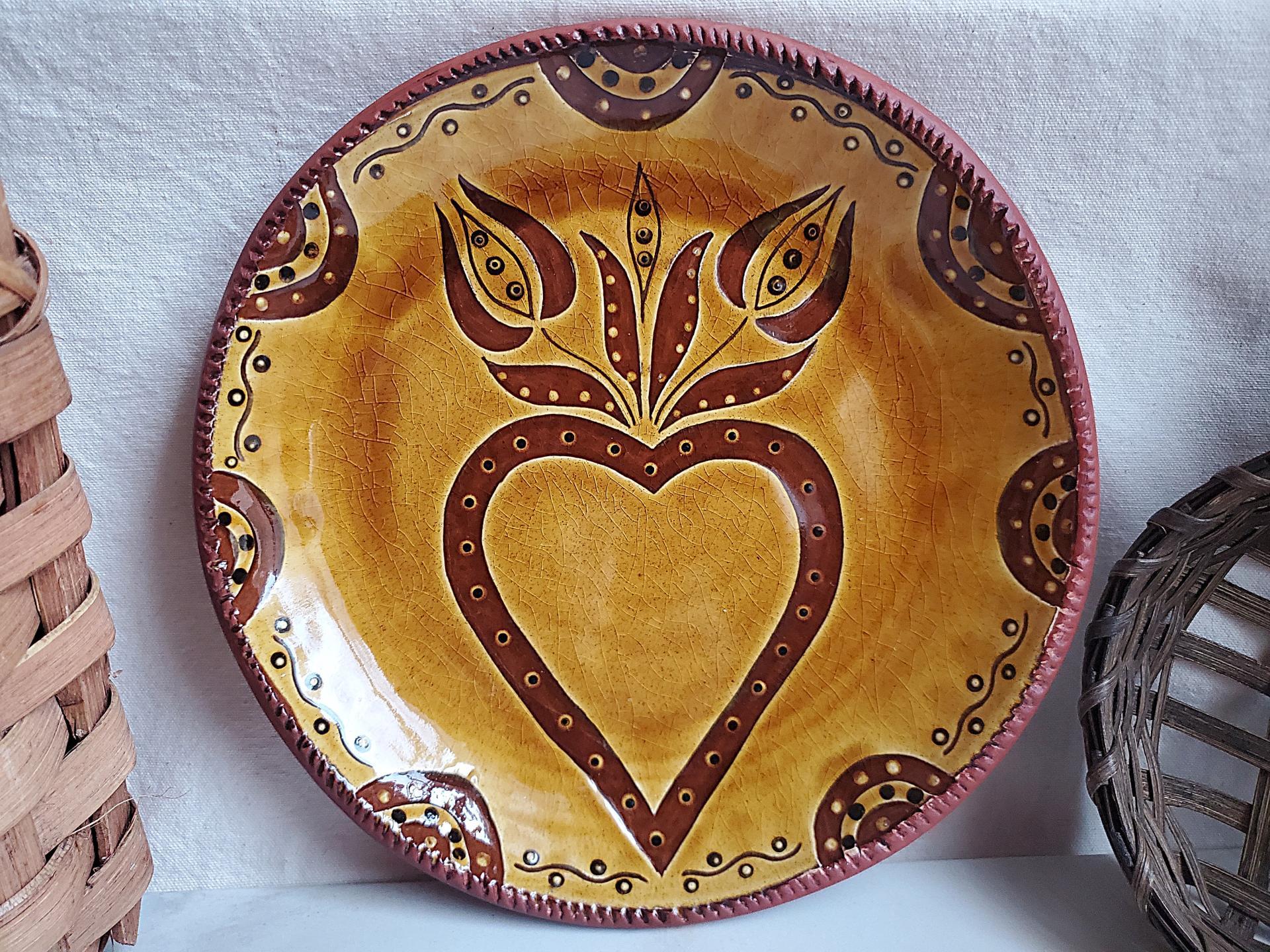 Sgraffito 11 in Redware Plate with Heart and Tulips Motif