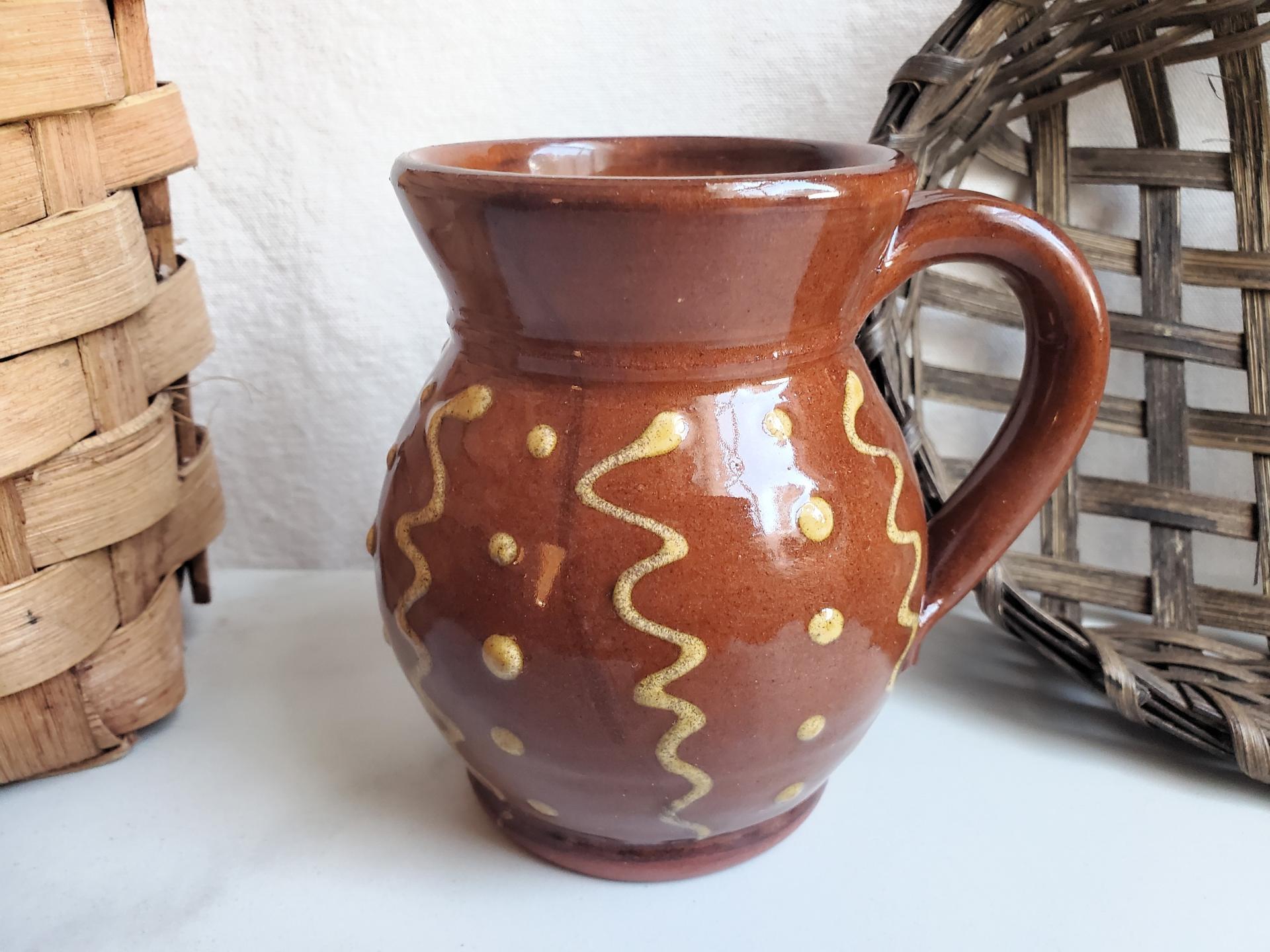 Slip-Decorated Redware Mug with Squiggles and Dots Pattern