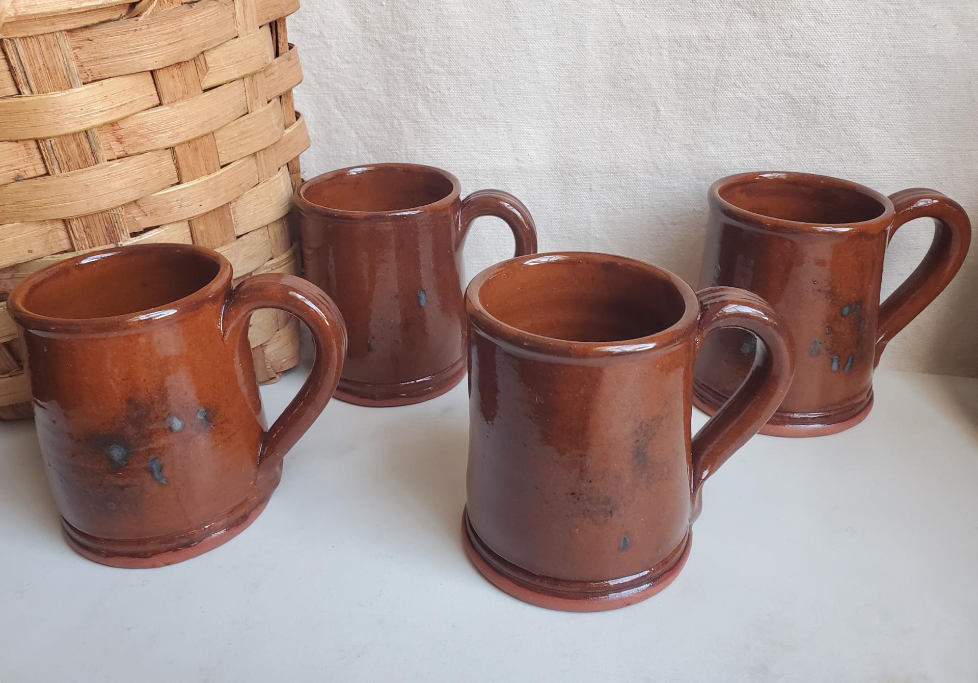 Slip-Decorated Redware (4) Mugs with Spangles