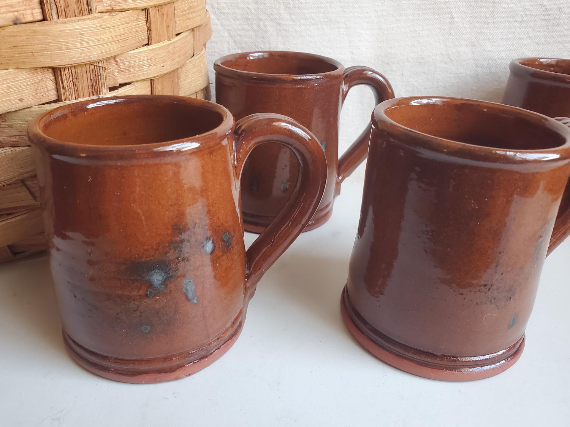 Slip-Decorated Redware (4) Mugs with Spangles